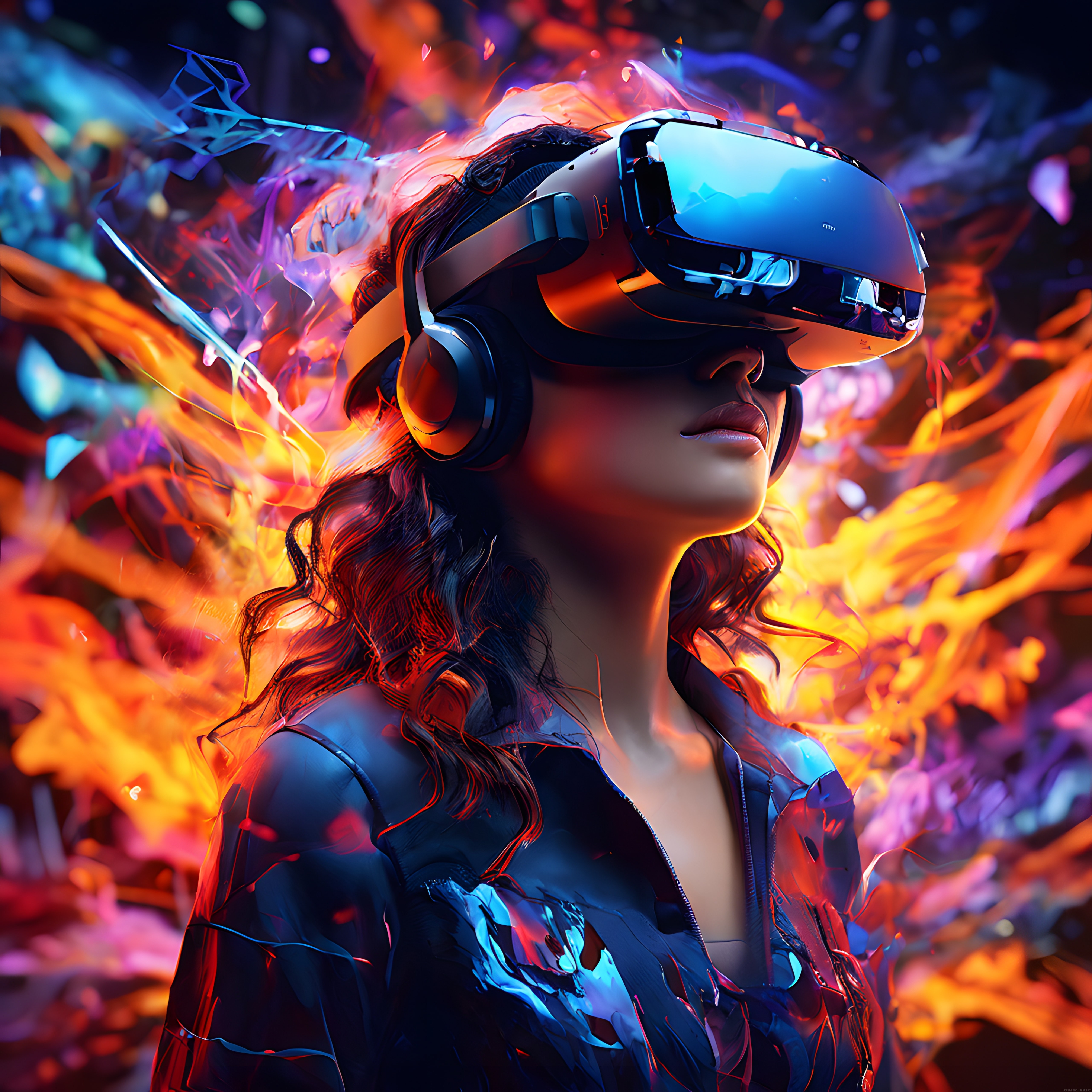 VR Gözlüklü Kadın ve Canlı Neon Alevlerle Renkli Dijital Gelecek Sanat Çalışması