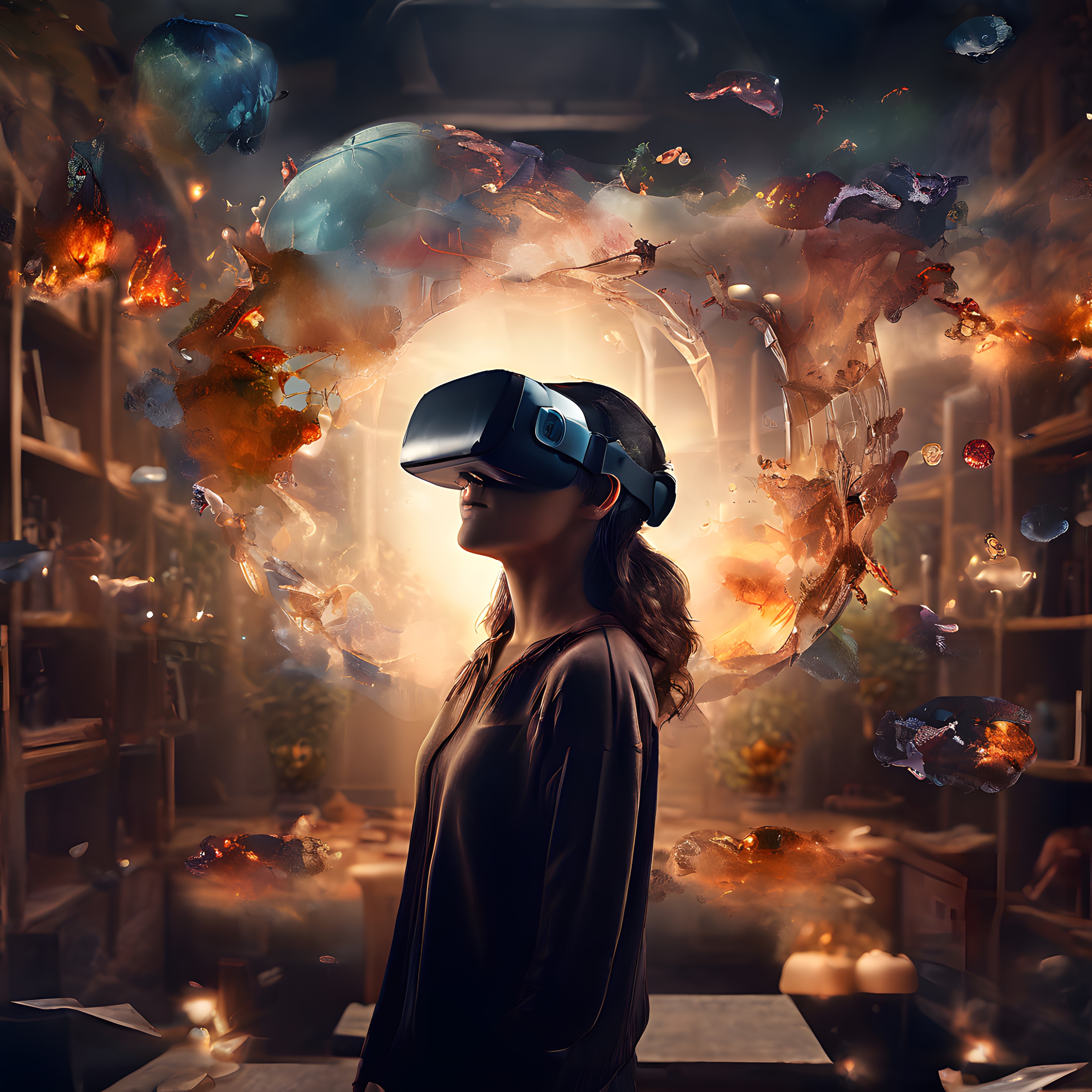 VR gözlüklü kadın ve etrafını sarmalayan soyut dijital sanat eserleri