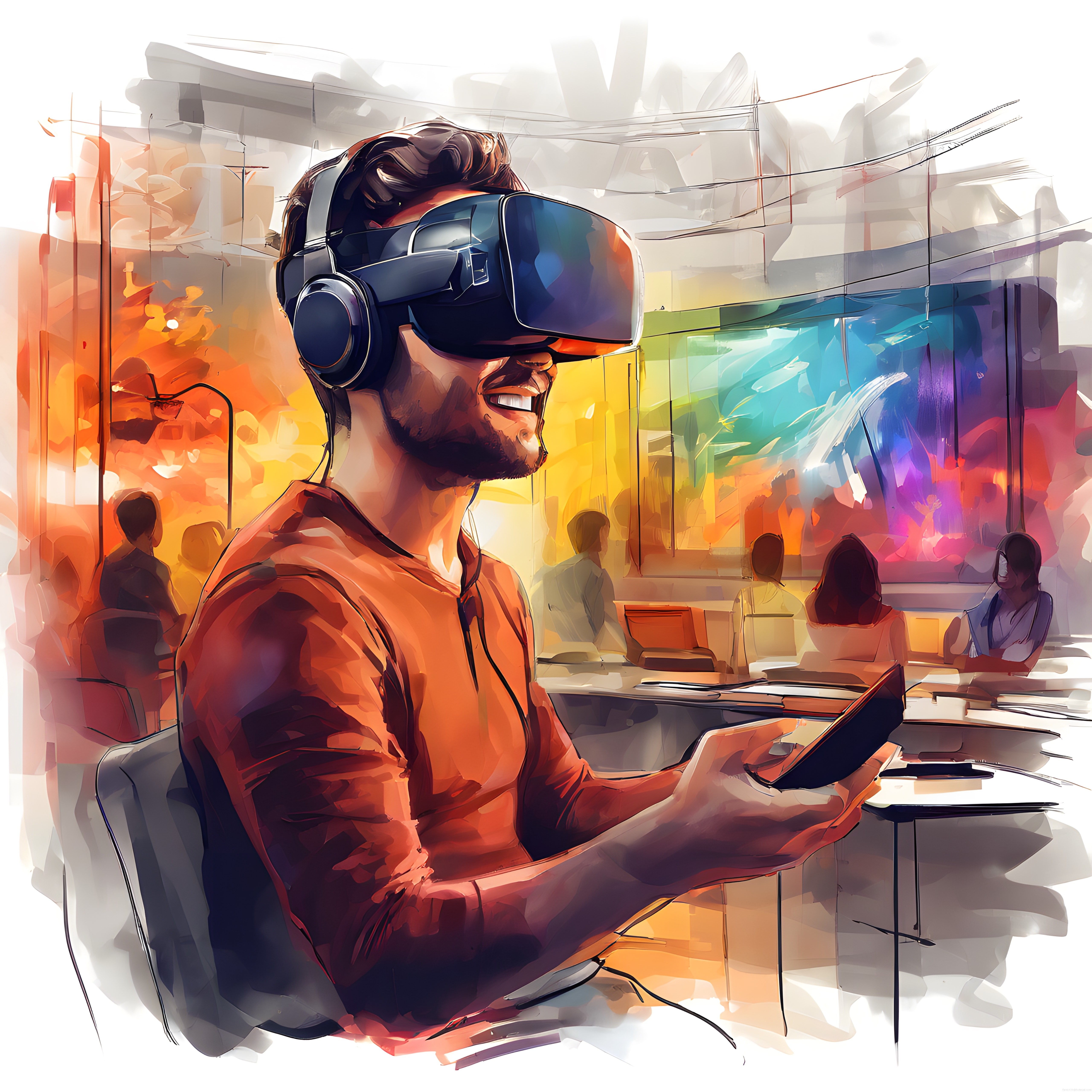 VR gözlüklü kullanıcının renkli ofis ortamında gülümsediği dijital illüstrasyon