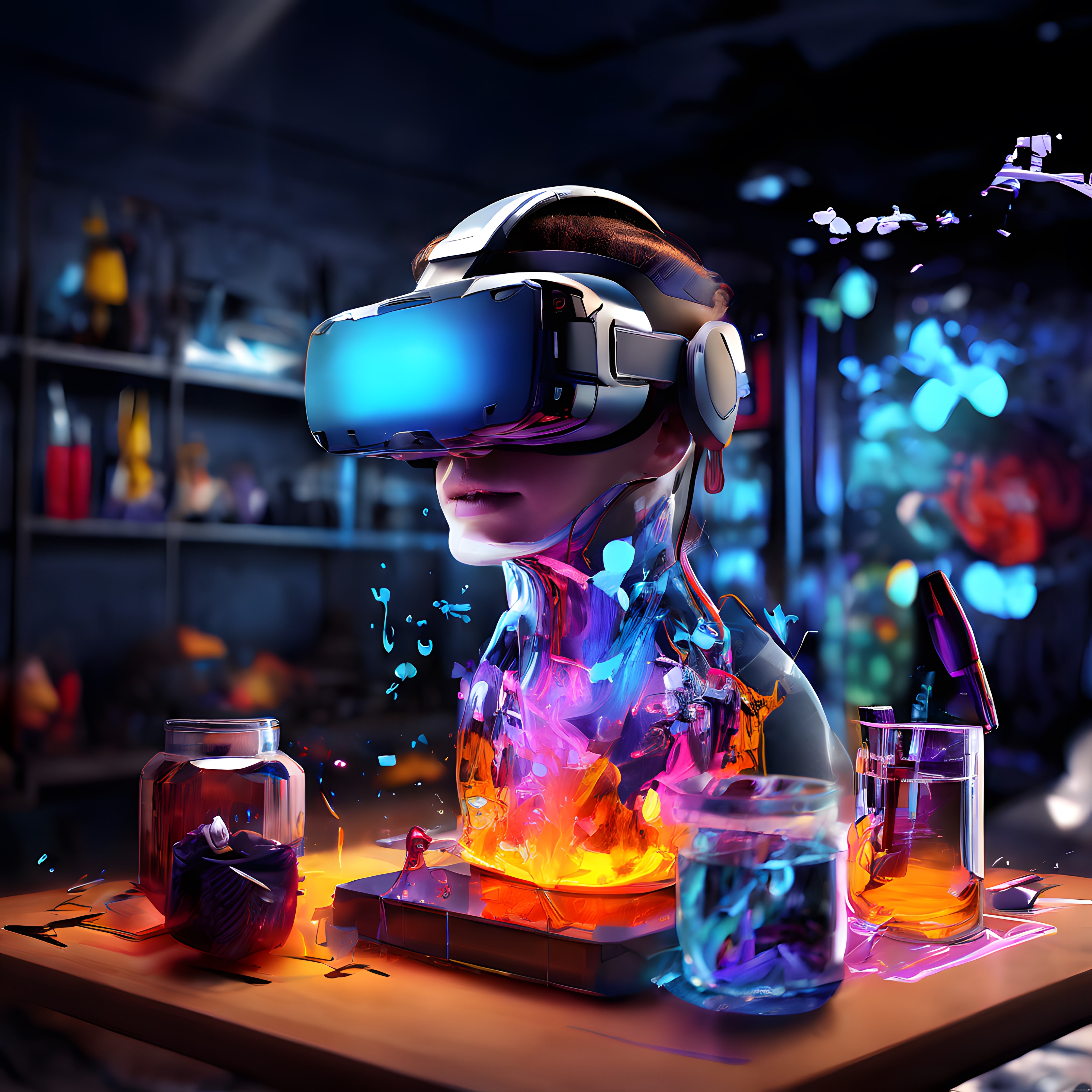 VR Gözlüklü Neon Işıklı Dijital Karakter ve Cyberpunk Laboratuvar Sanatı
