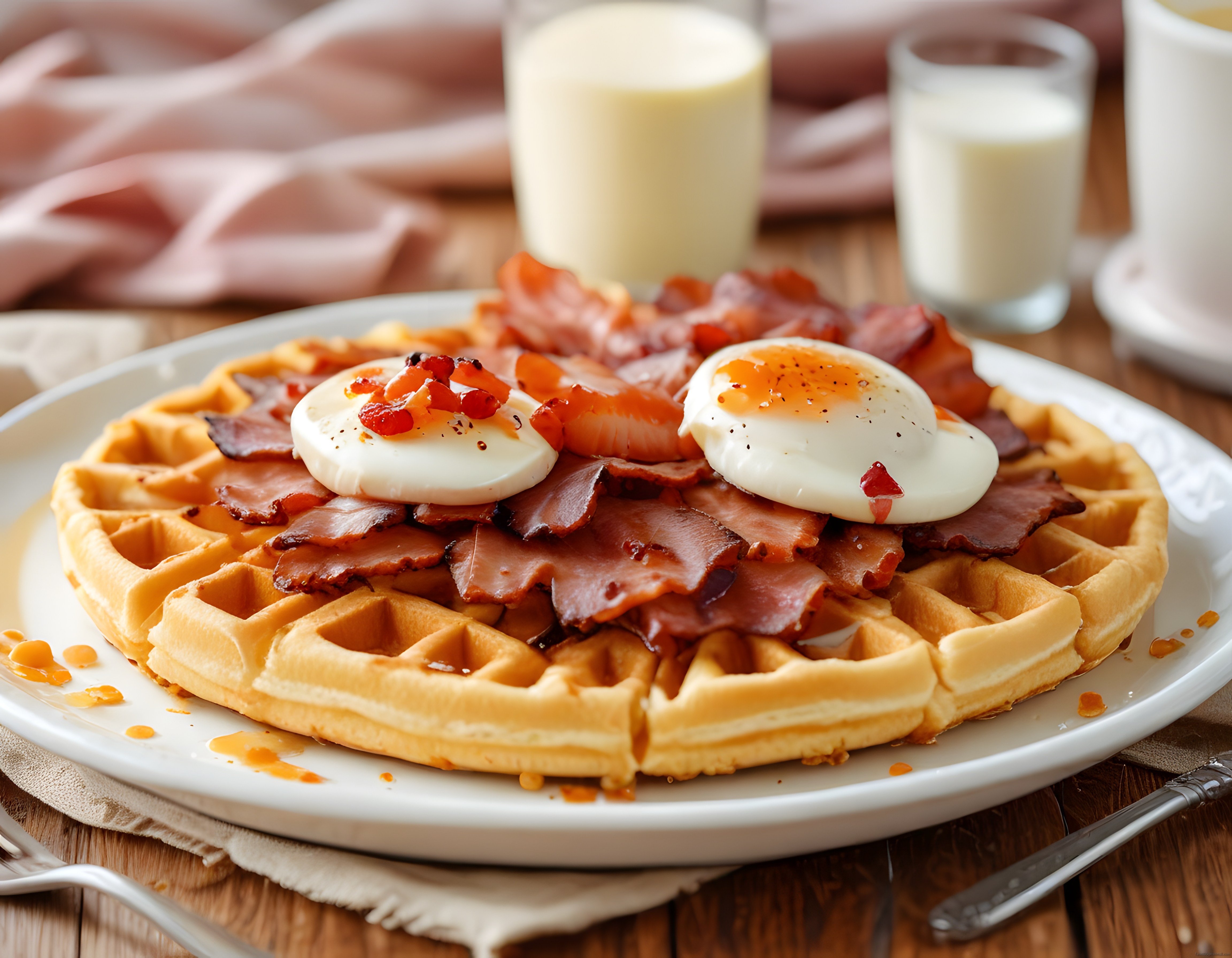waffle dolusu lezzet çıtır pastırma poşe yumurta ve baharatlı sos ile kahvaltı