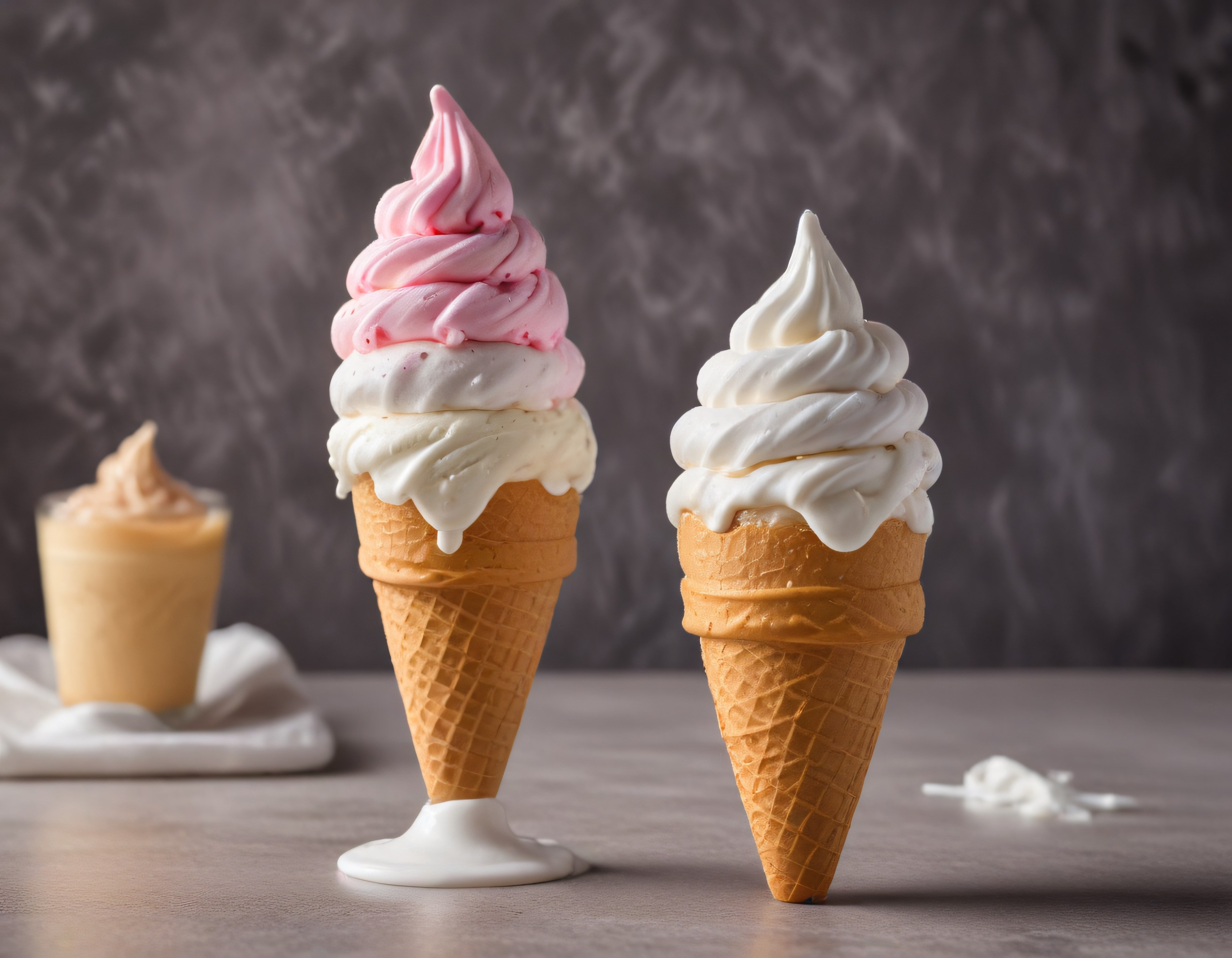 waffle kornetlerde pembe beyaz soft serve dondurma, ferahlatıcı yaz lezzeti