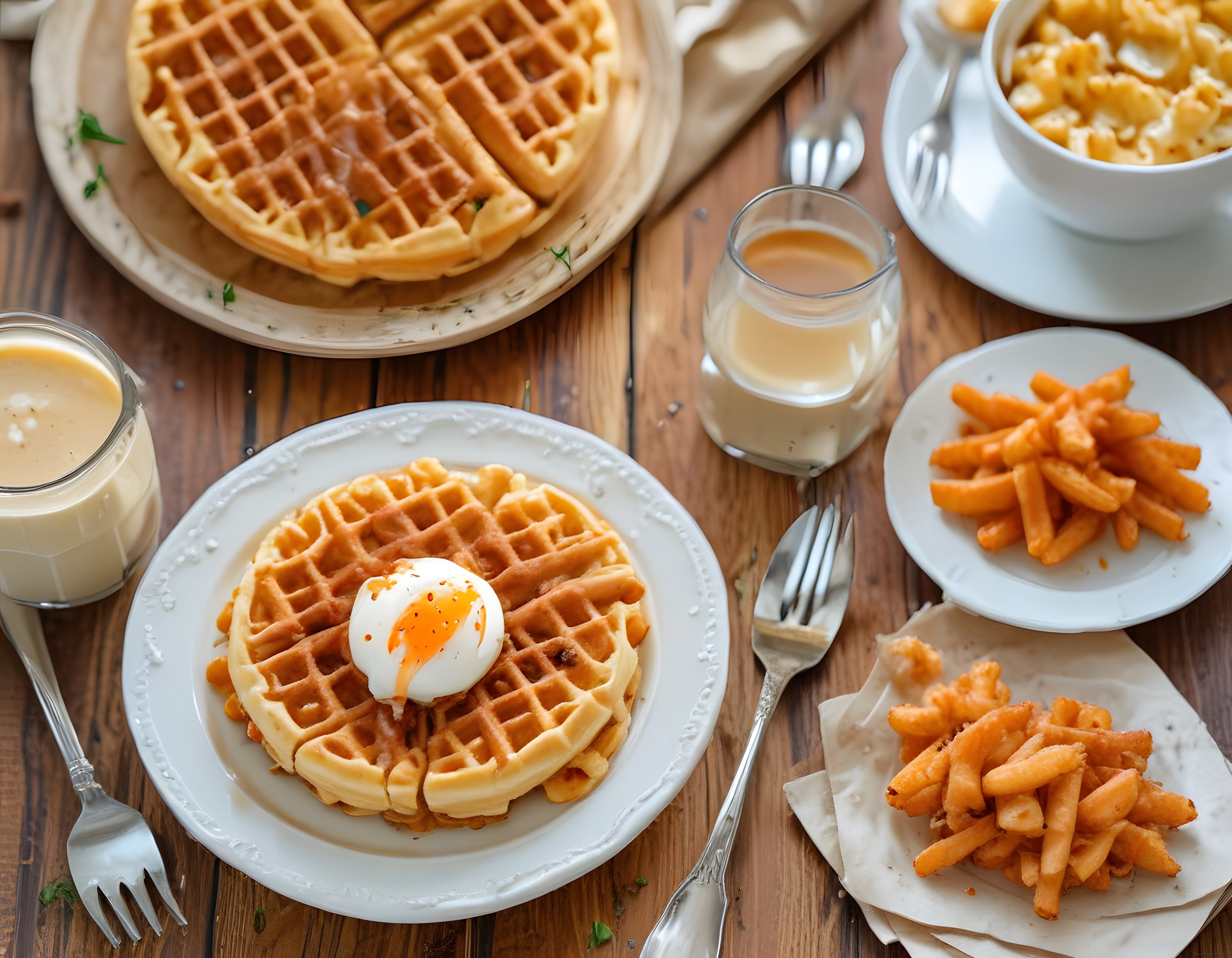 Waffle Üzerinde Poşe Yumurta ve Patates Kızartmalı Kahvaltı Masası