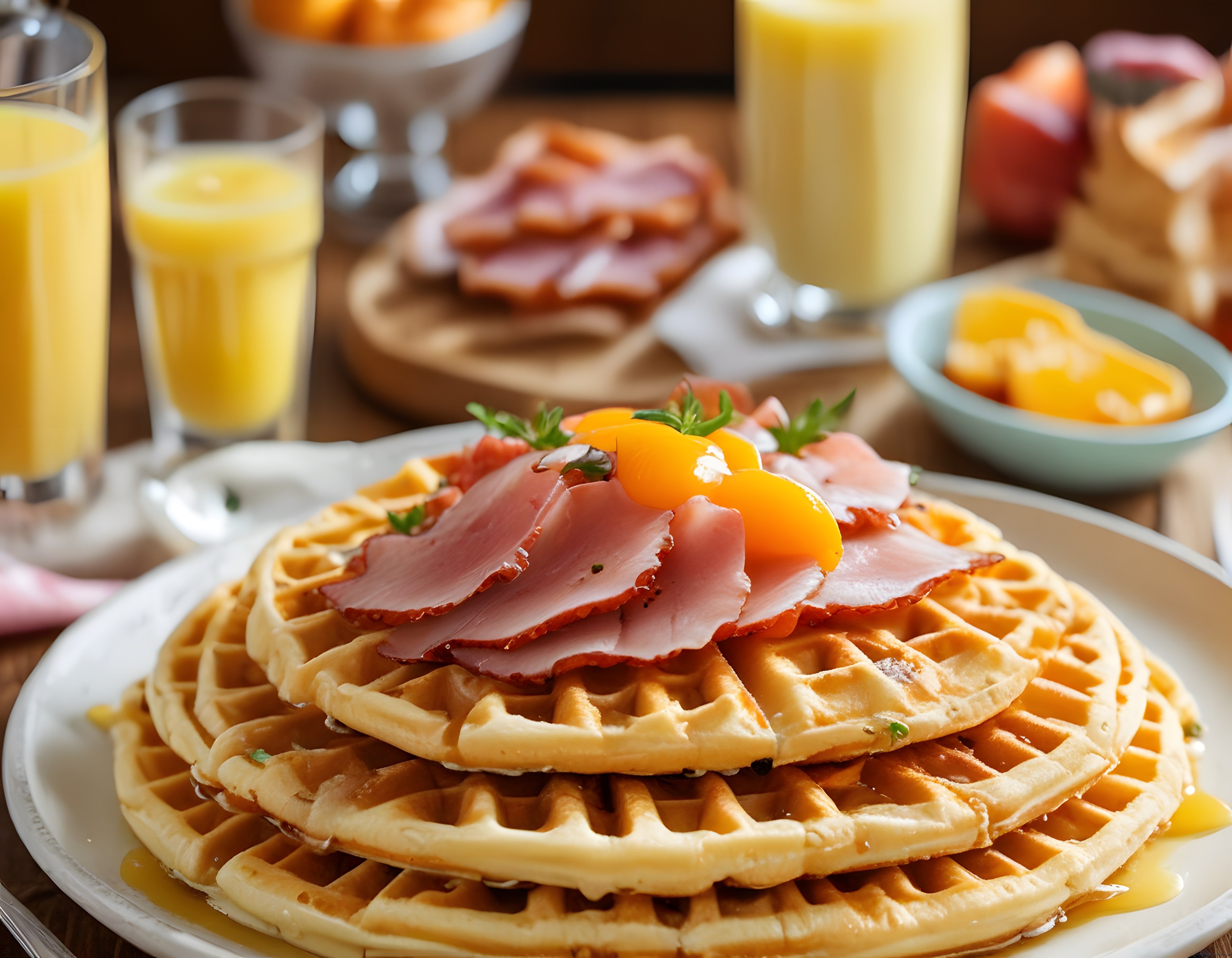 Waffle ve jambonlu şık kahvaltı tabağı, portakal suyu eşliğinde