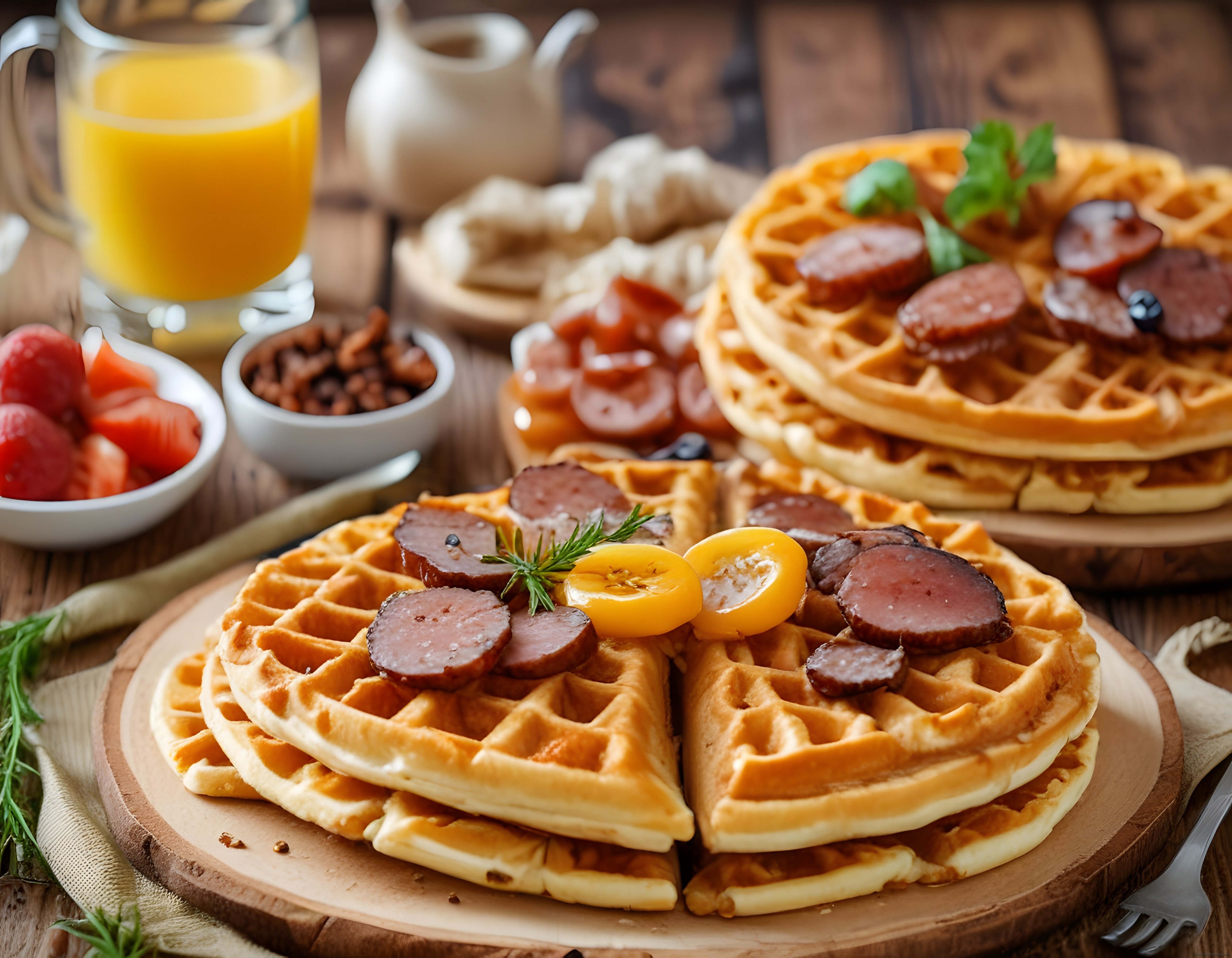 Waffle ve sucuk dilimleriyle hazırlanmış nefis bir kahvaltı tabağı, rustik sunum