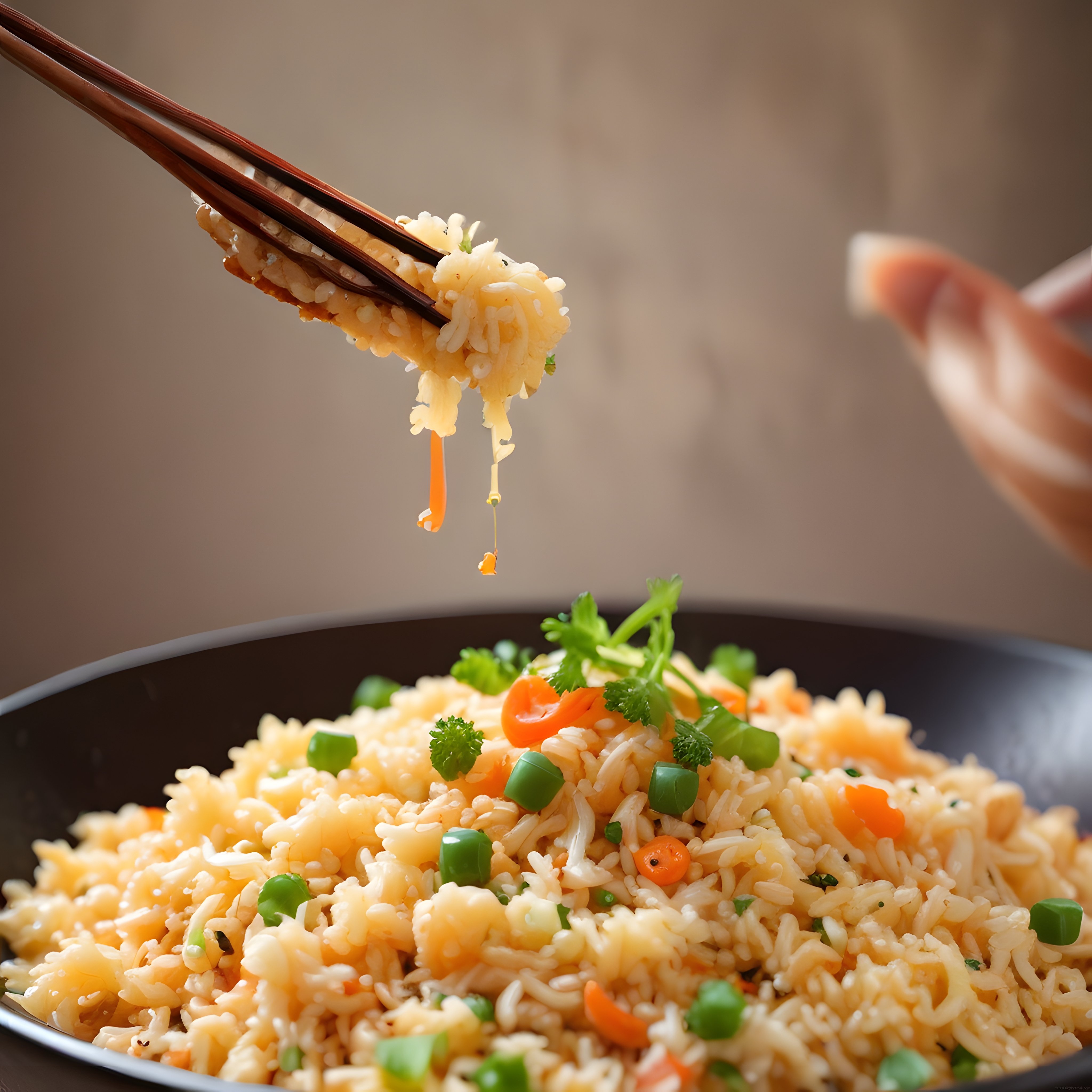 Wok tavasında baharatlı sebzeli pilav, chopstick ile sunum anı ve detayları