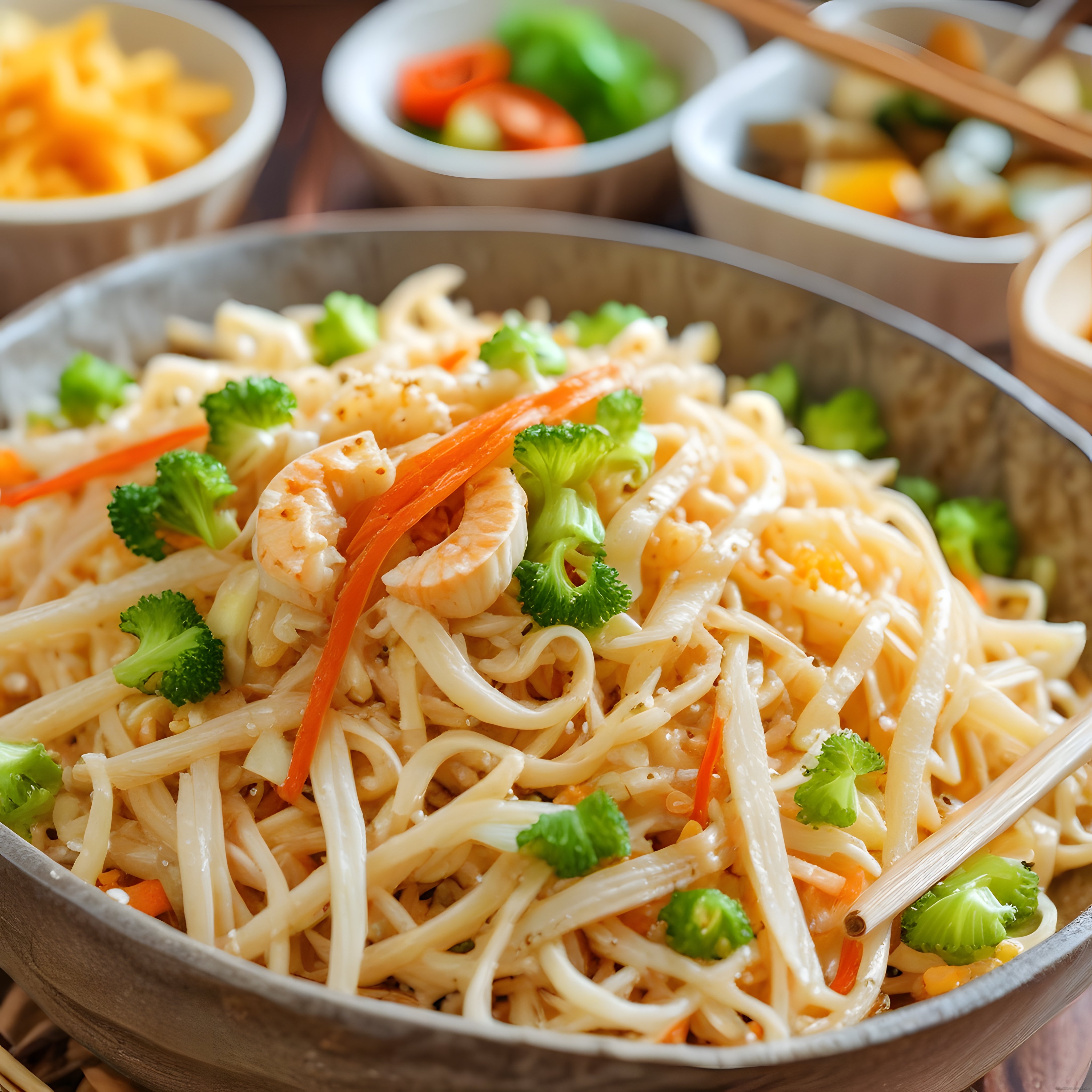 Wok Tavasında Karidesli Sebzeli Asya Eriştesi ve Arka Planda Sos Kapları