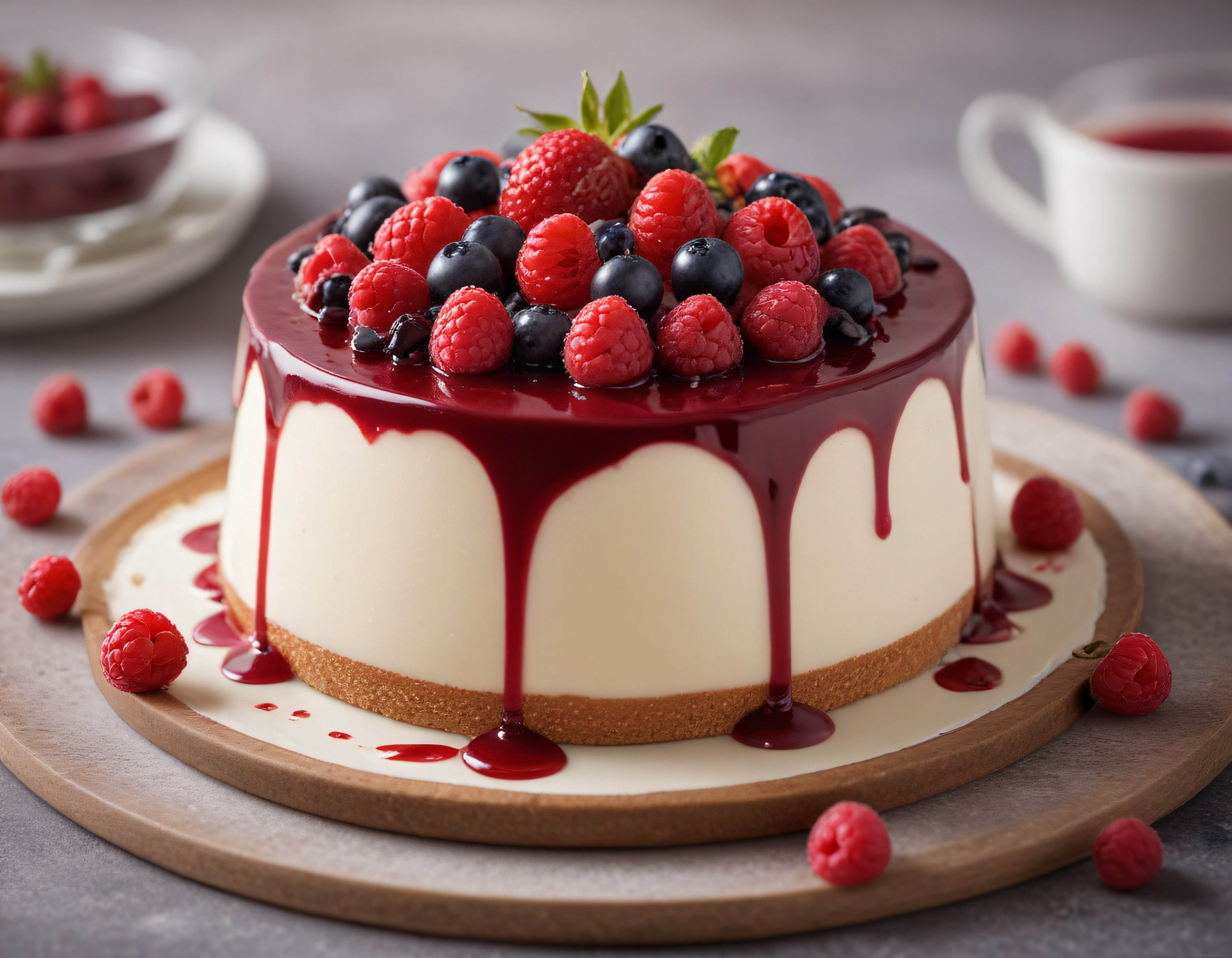 Yaban Mersini ve Ahududu ile Süslenmiş Çikolata Soslu Cheesecake