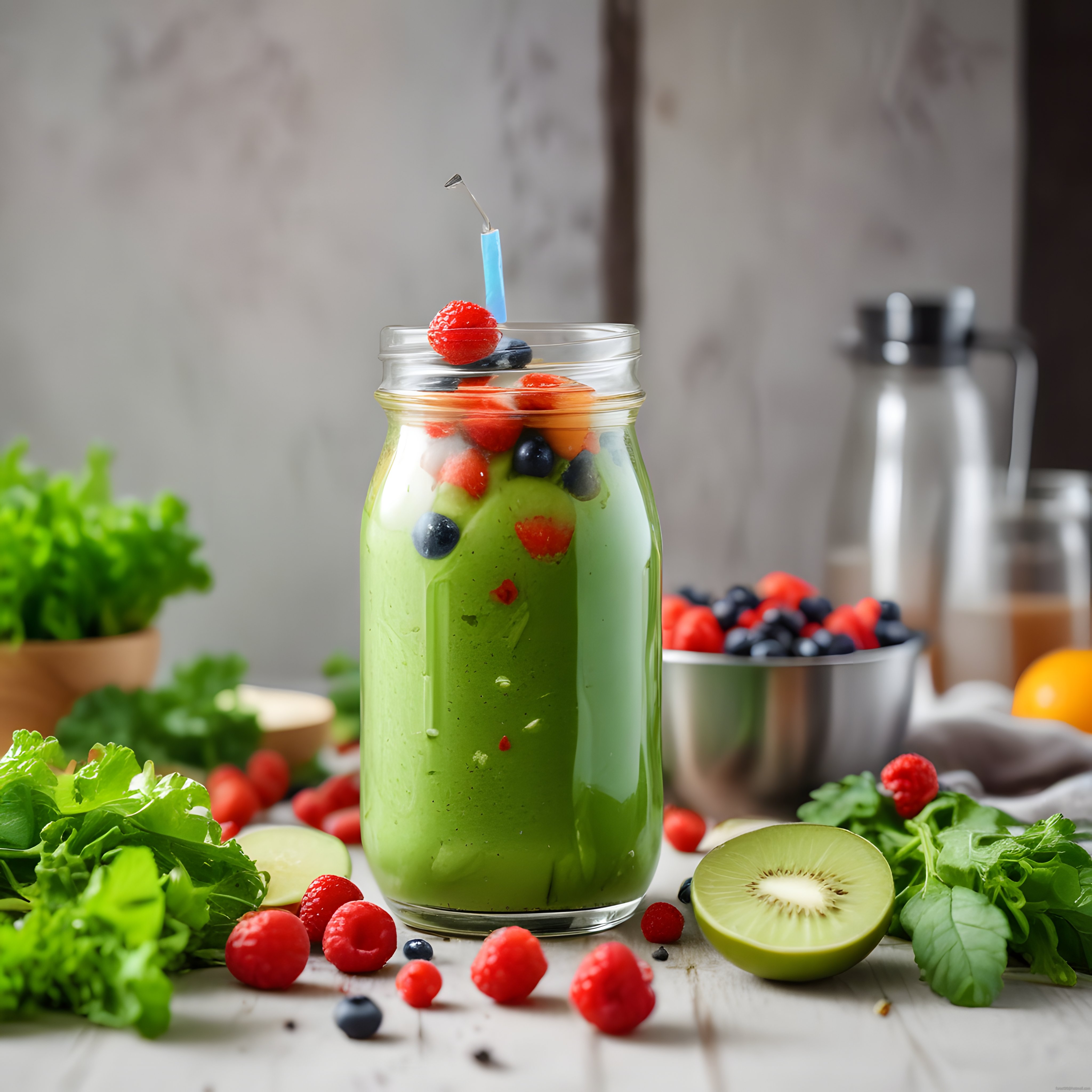 Yaban Mersini ve Ahududulu Kivili Yeşil Smoothie Kavanozda Sunum
