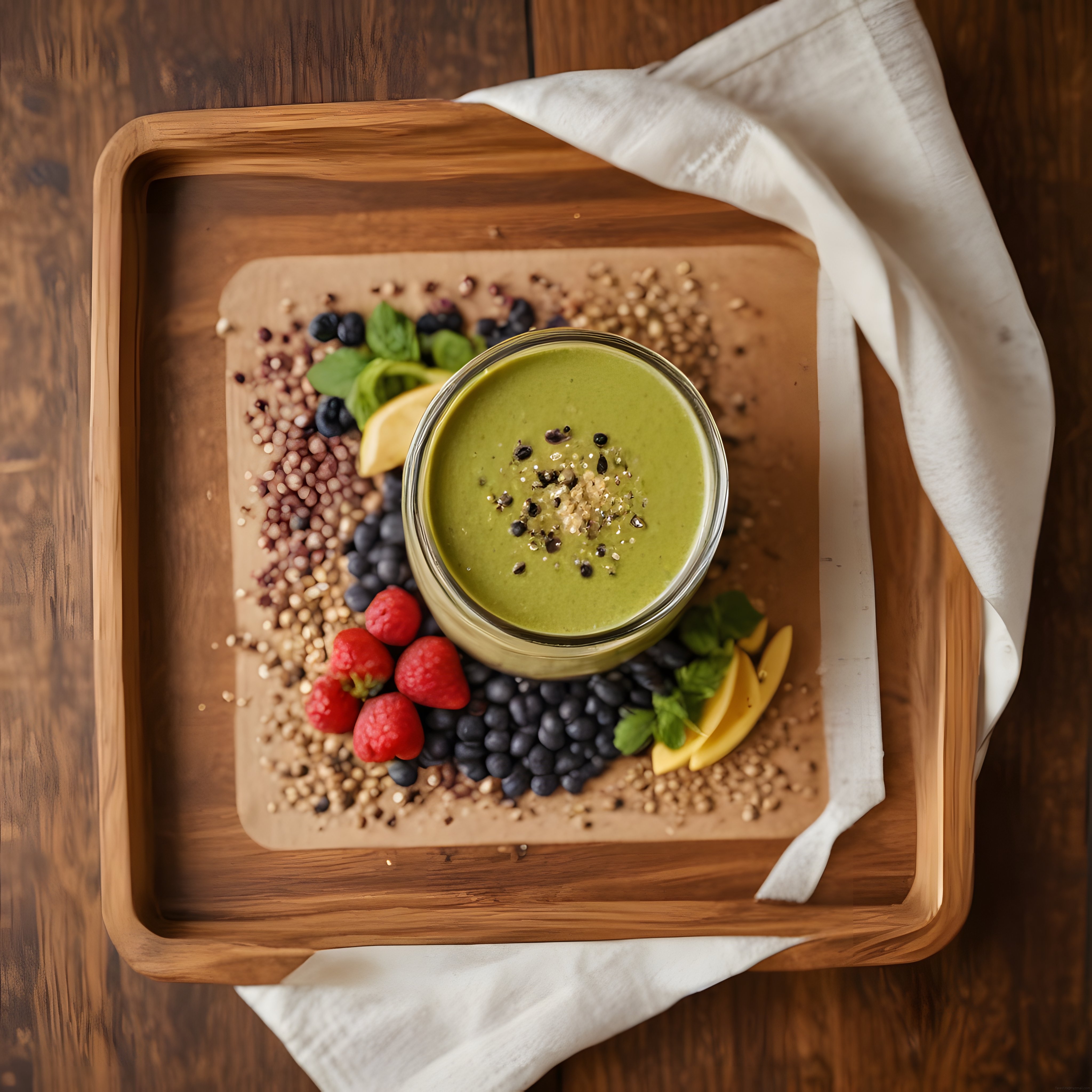 Yaban mersini ve ahududyla süslenmiş yeşil smoothie kasesi ahşap sunumda