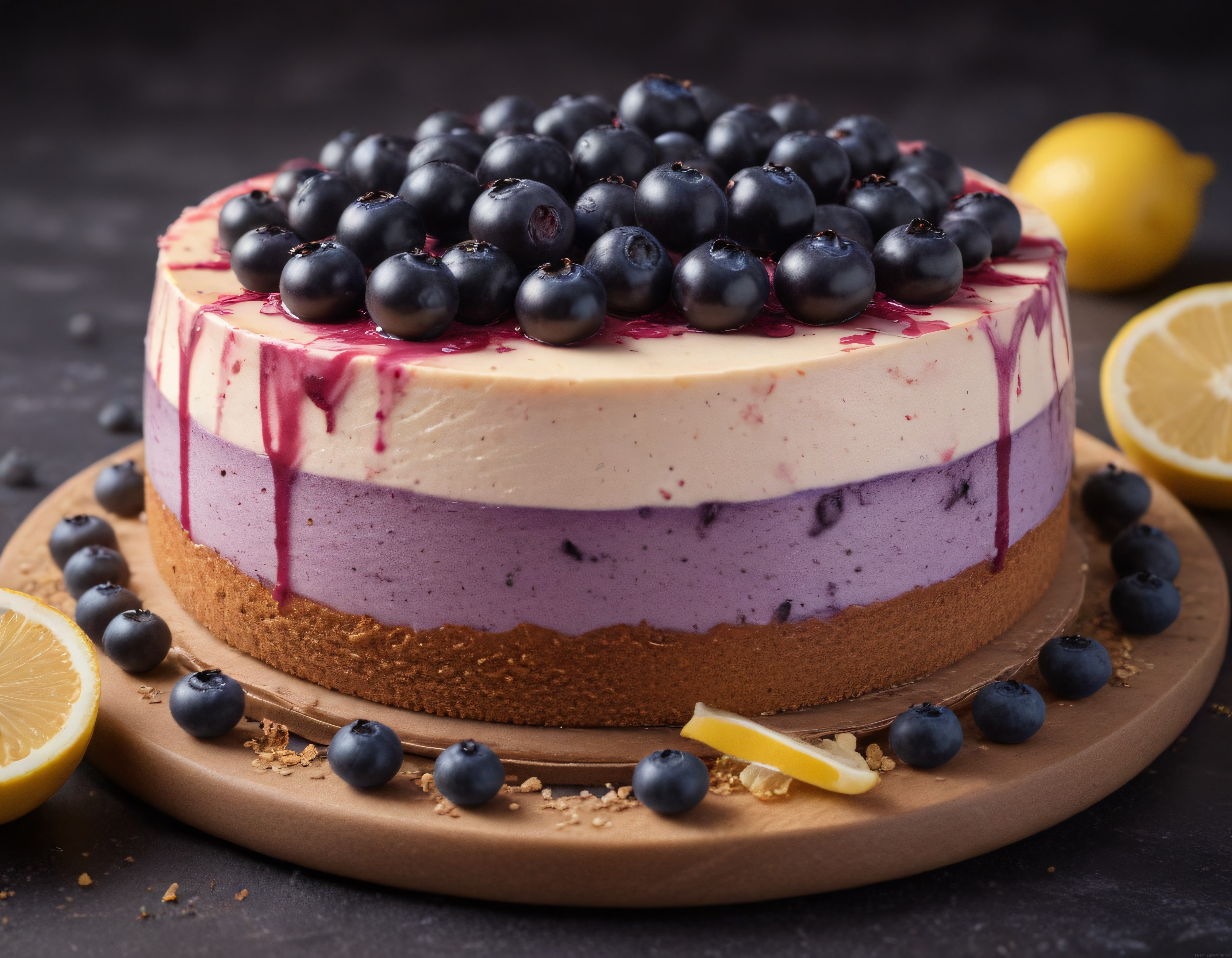 Yaban Mersini ve Limon Dilimleriyle Süslenmiş Katmanlı Cheesecake