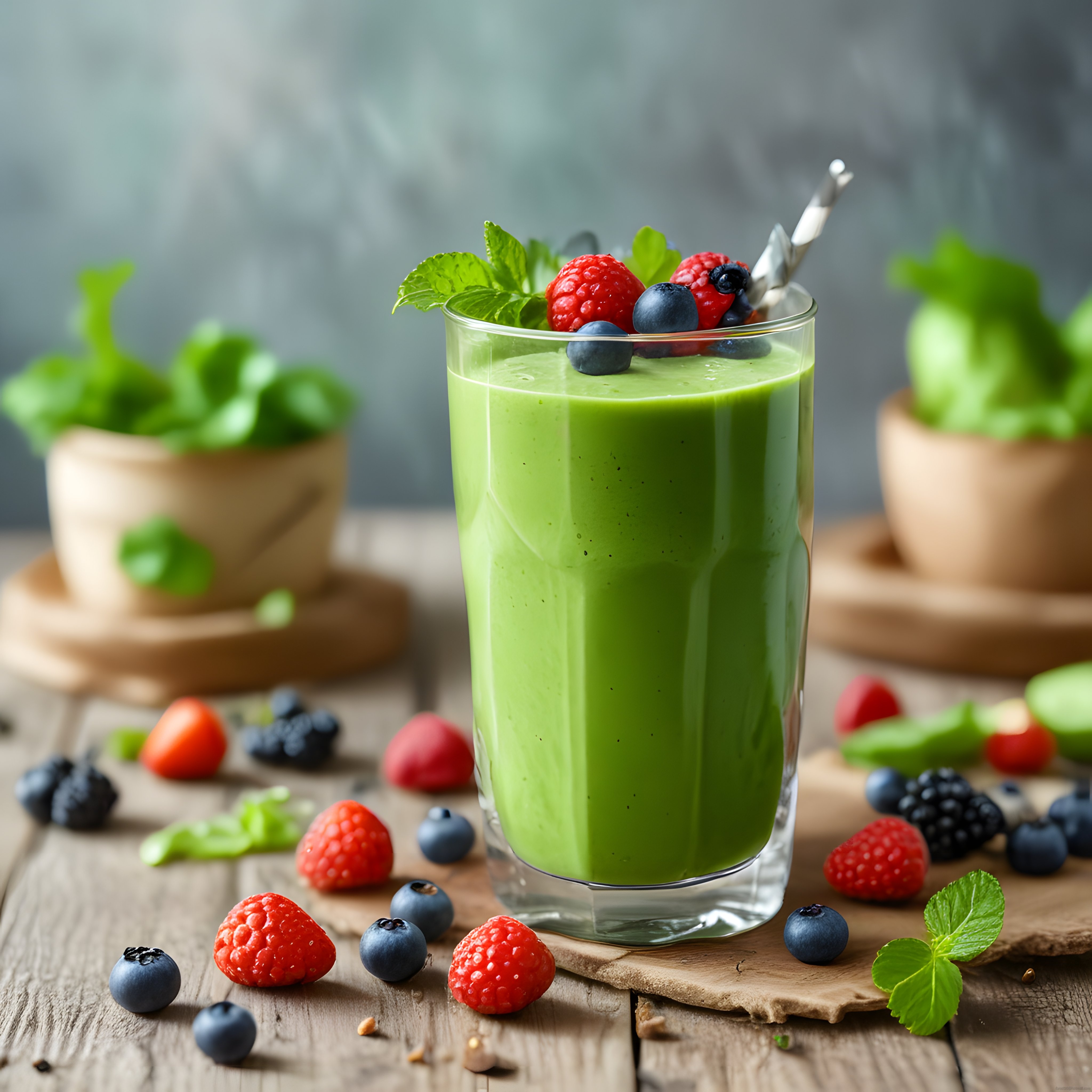 Yaban Mersini ve Nane Yapraklarıyla Süslenmiş Doğal Yeşil Smoothie