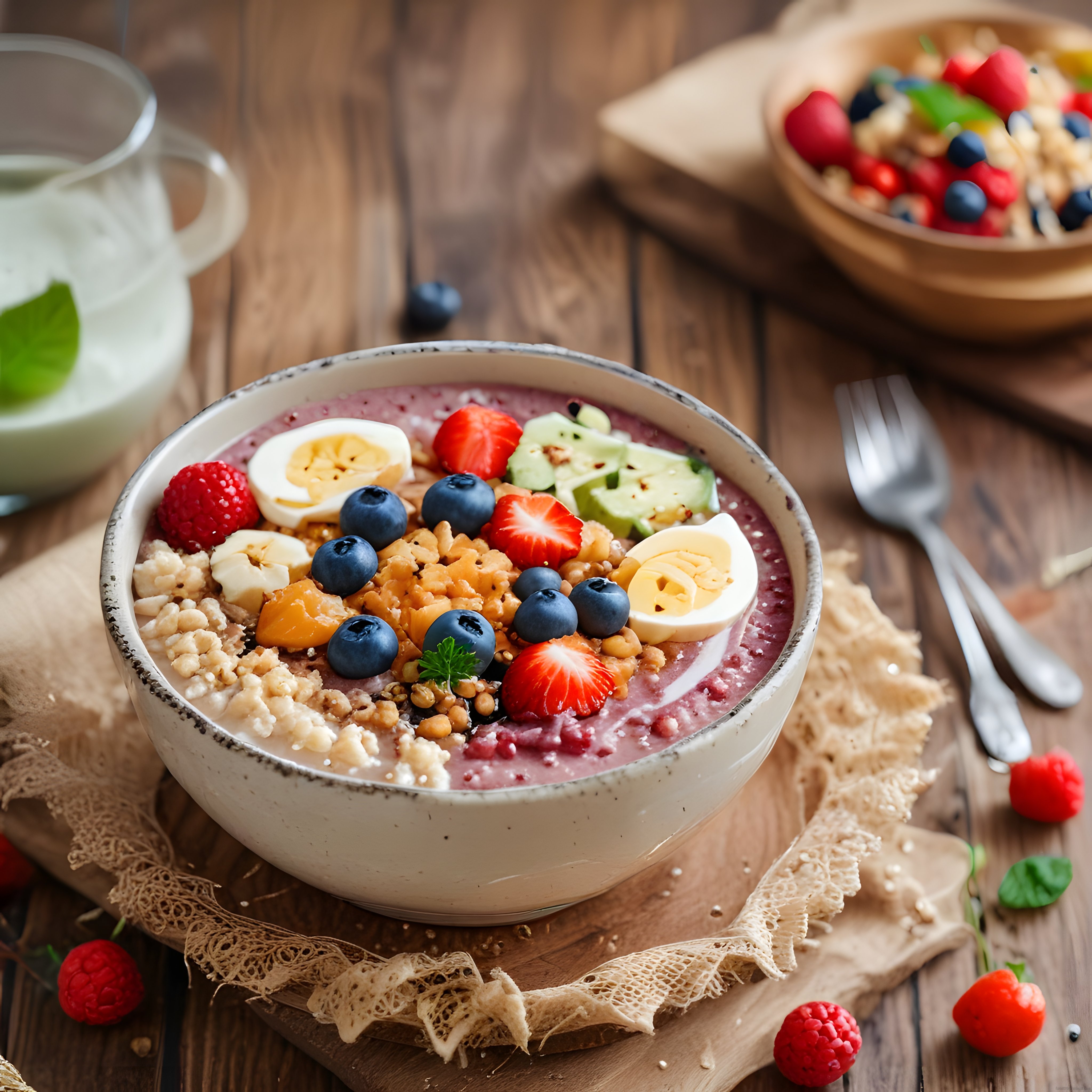 Yaban Mersini ve Taze Meyveli Sağlıklı Smoothie Bowl Kahvaltı Sunumu