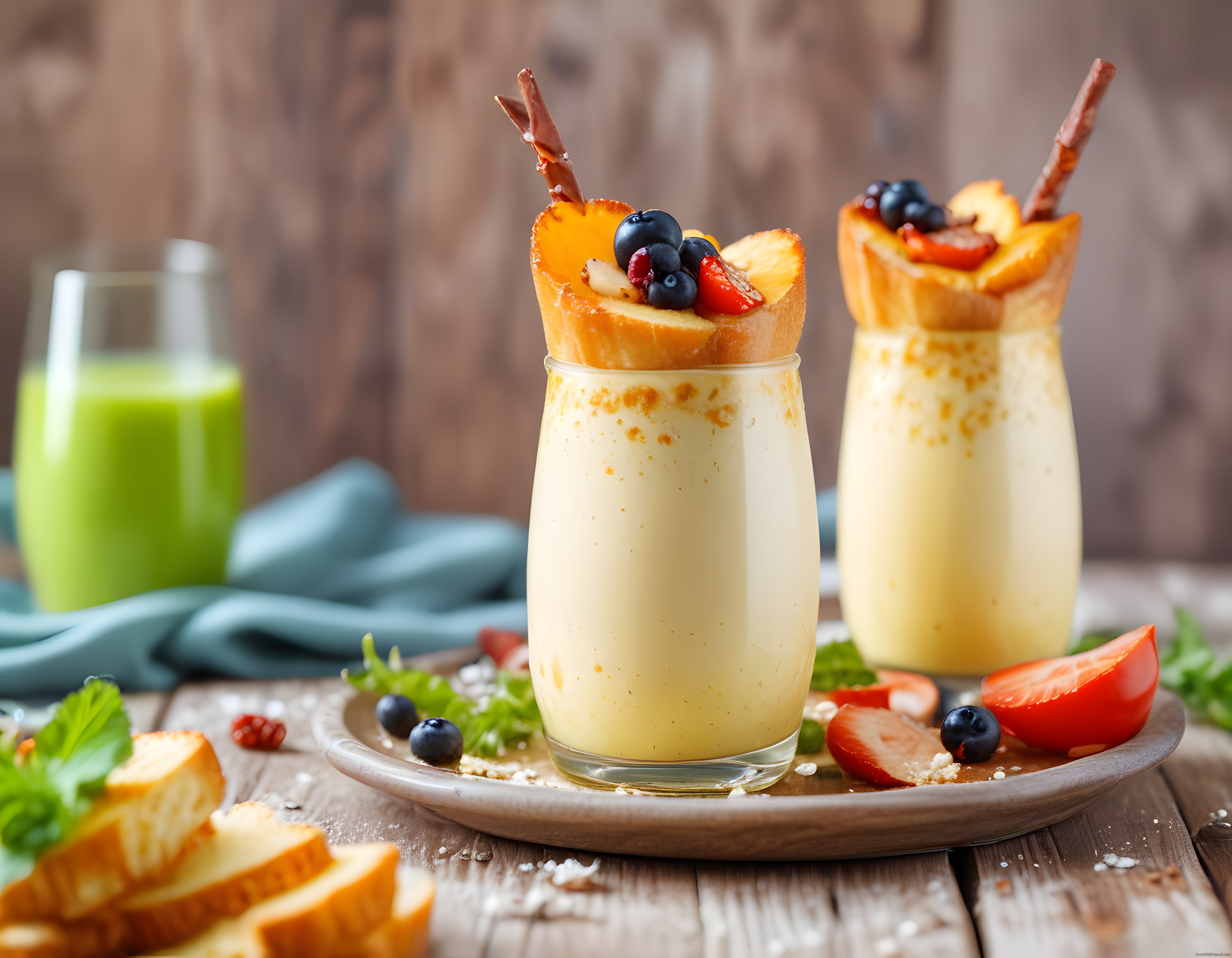 Yaban Mersinli Çilekli Kahvaltılık Parfait ve Yeşil Smoothie Sunumu