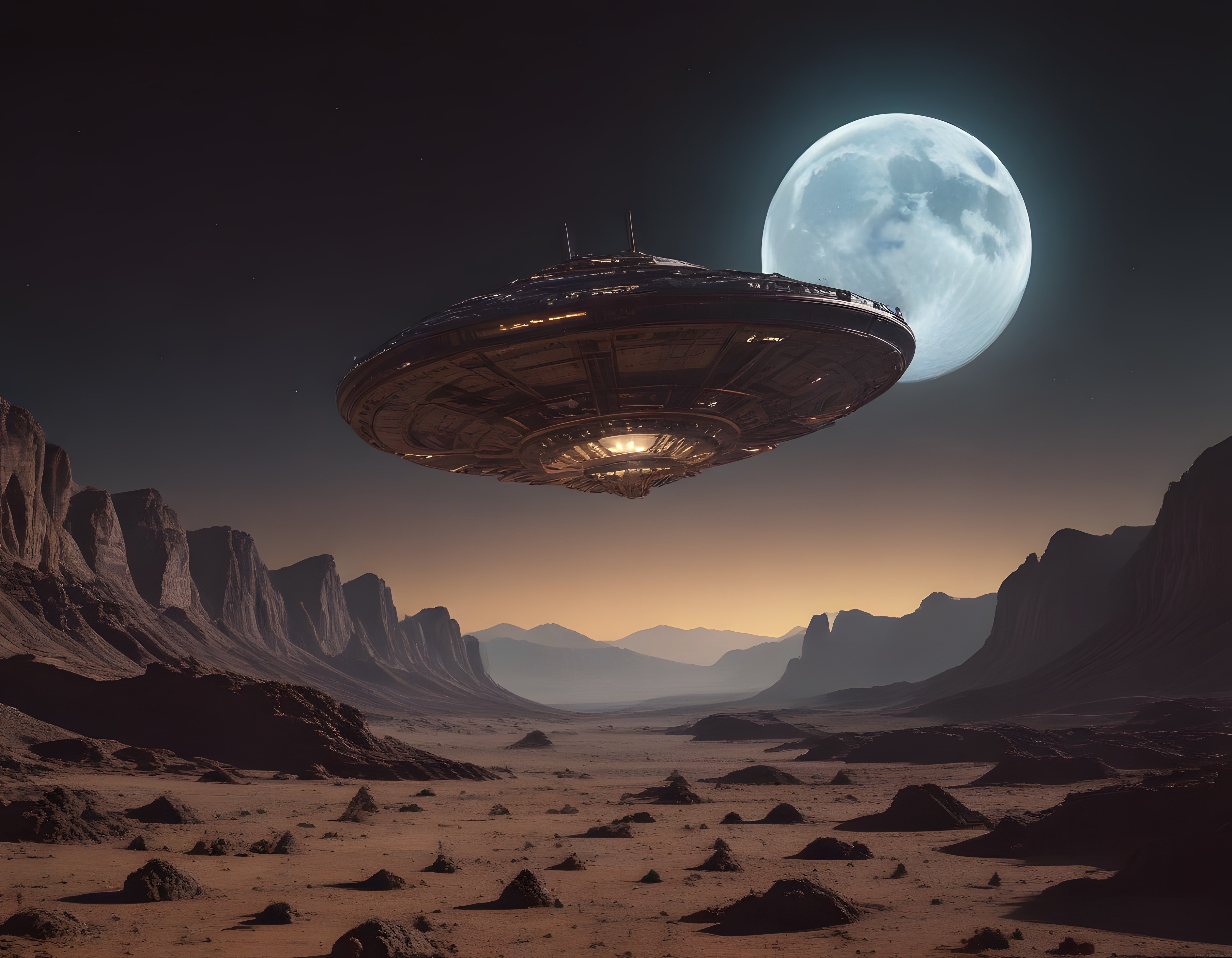Yabancı Bir Gezegende Süzülen UFO ve Arka Plandaki Devasa Mavi Ay