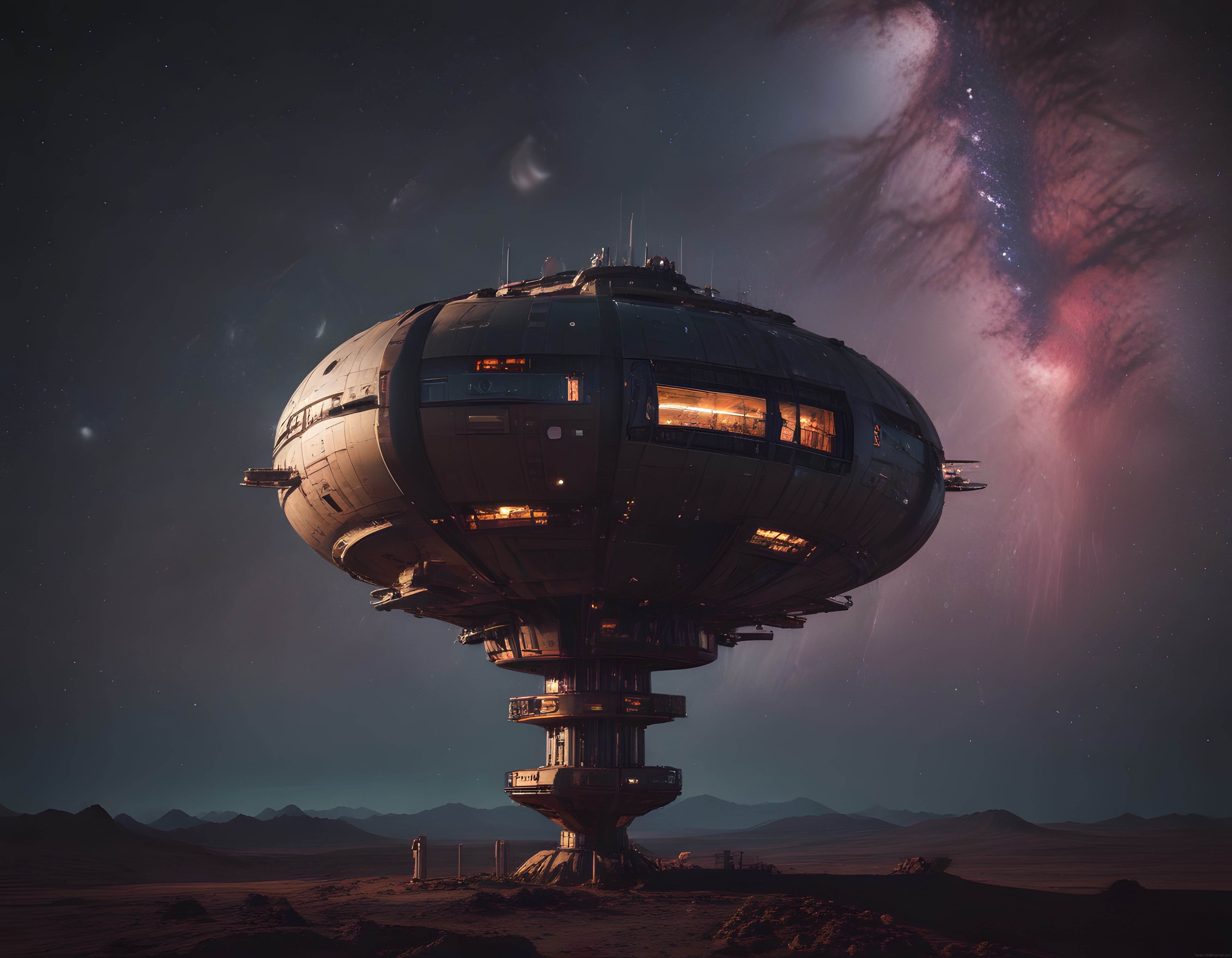 Yabancı Bir Gezegende Yükselen Devasa Uzay Üssü ve Renkli Nebula