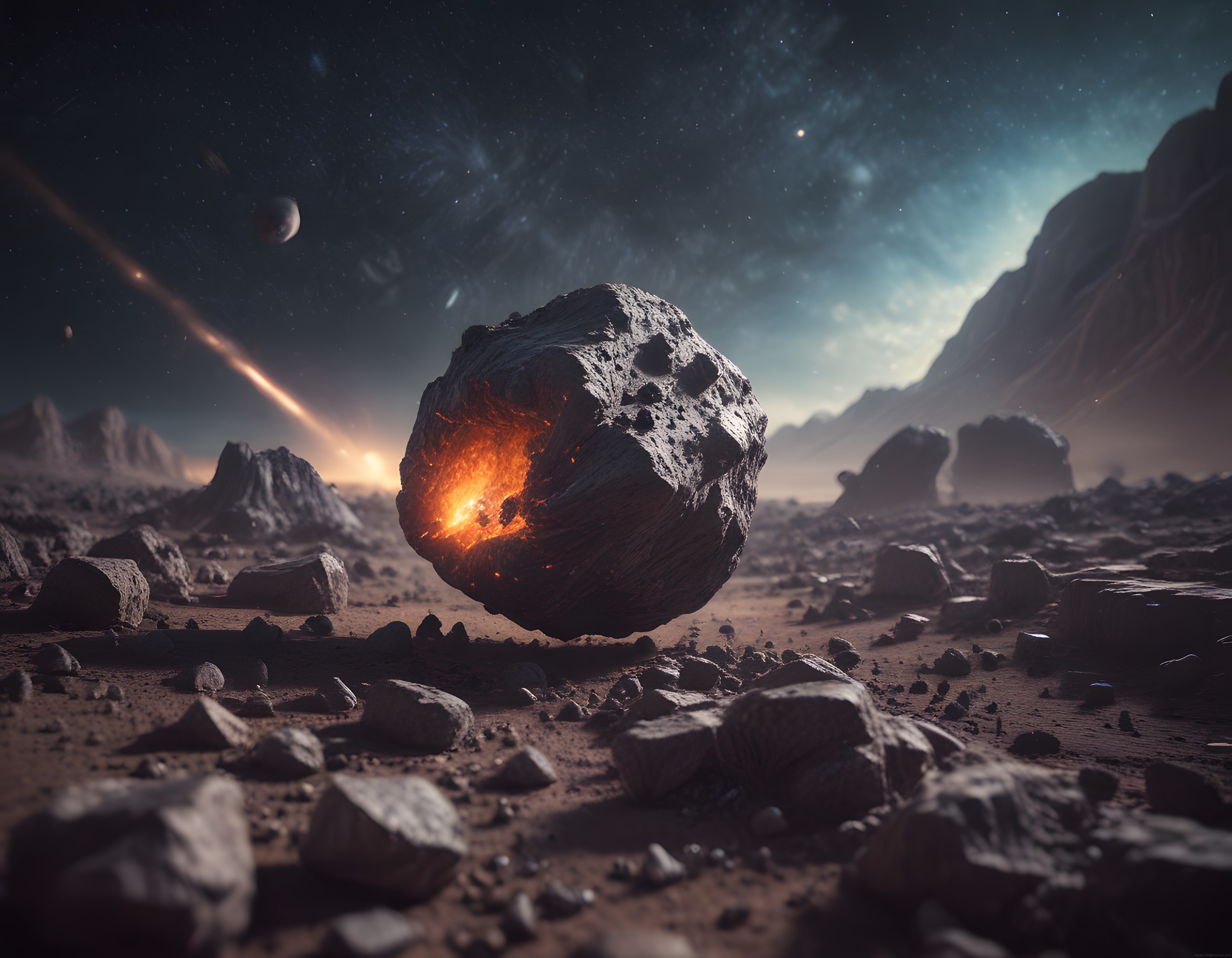Yabancı Bir Gezegende Yüzen Ateşli Asteroit ve Esrarengiz Uzay Manzarası