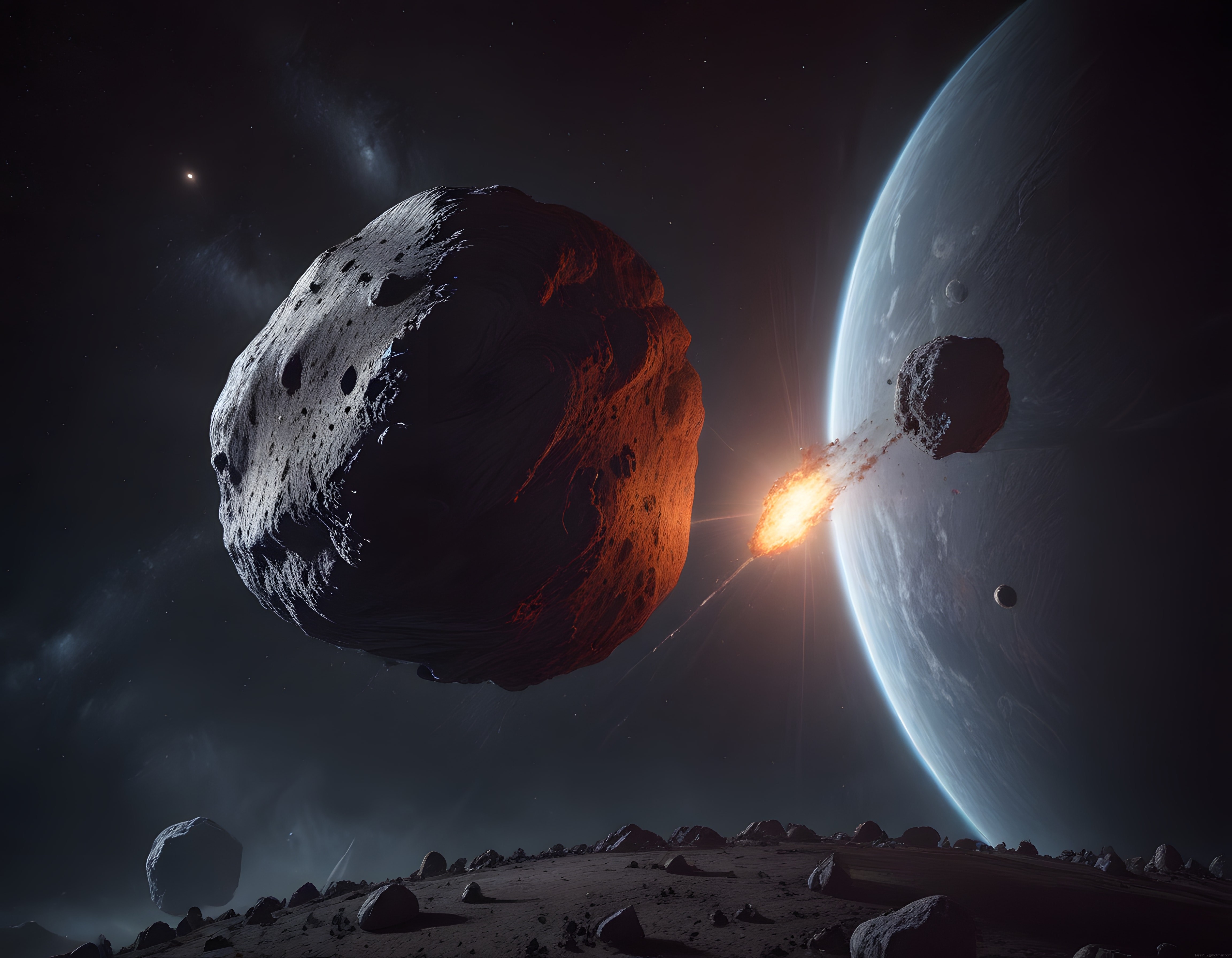 Yabancı Bir Gezegenin Etrafında Kraterli Devasa Asteroid ve Kozmik Işık