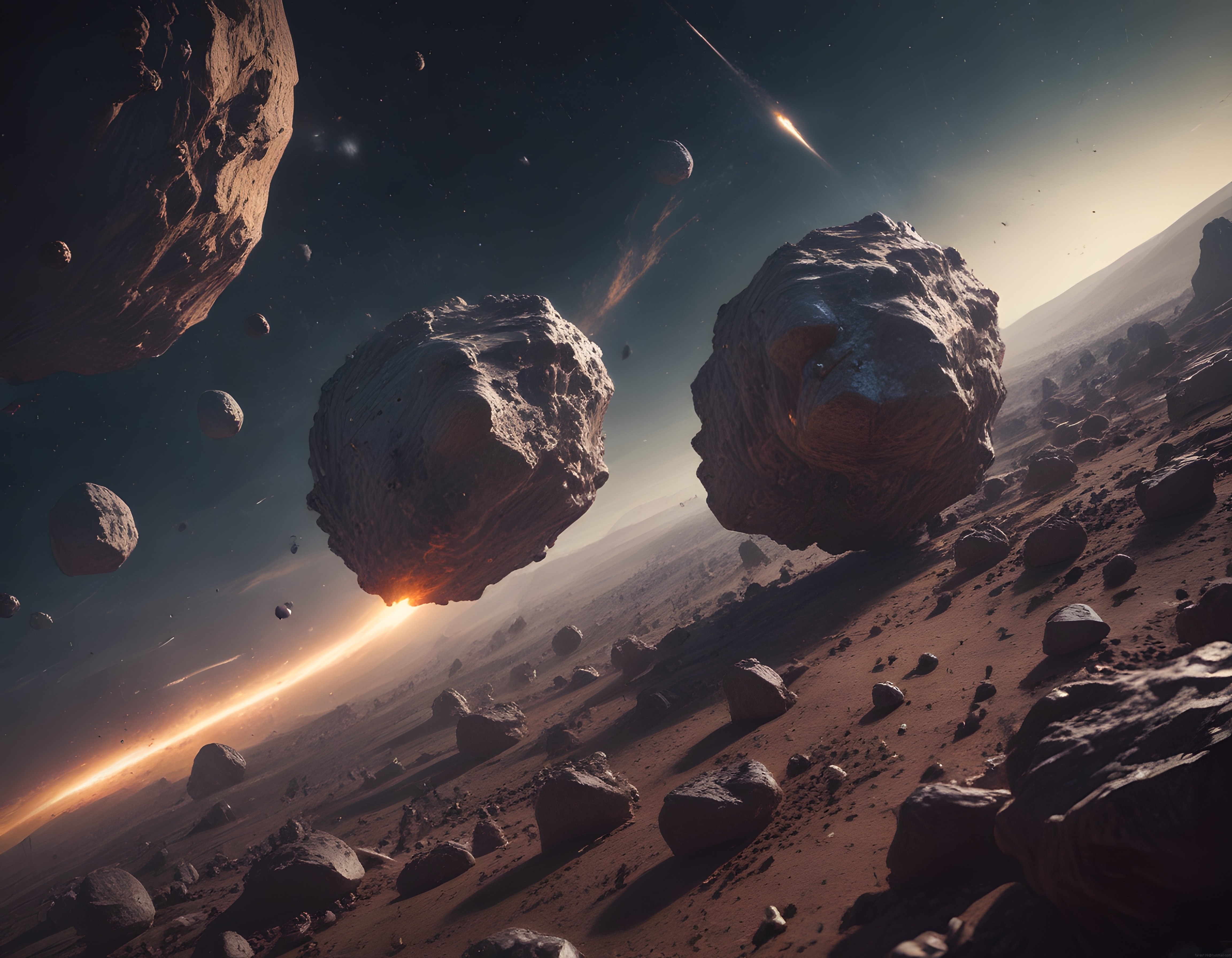 Yabancı bir gezegenin ufkunda dev asteroidler ve büyüleyici uzay manzarası