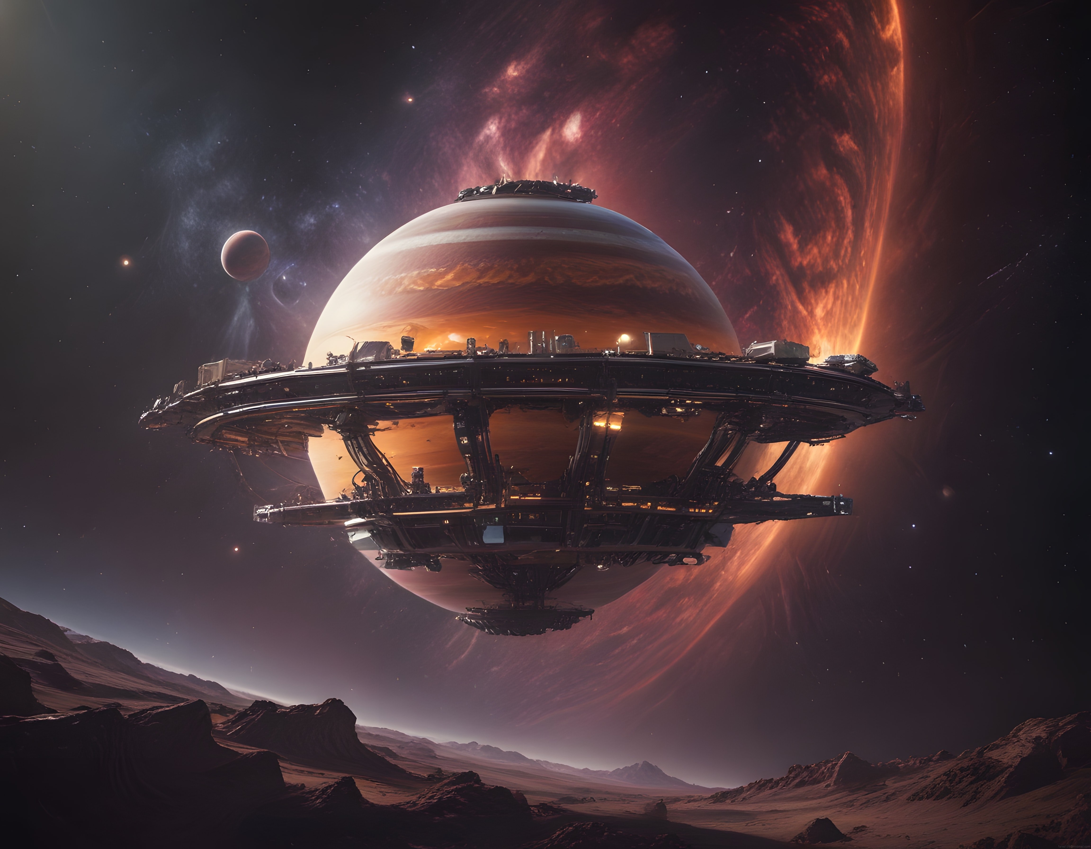 Yabancı Gezegen Yörüngesindeki Geleceğin Dev Uzay İstasyonu ve Kozmik Nebula