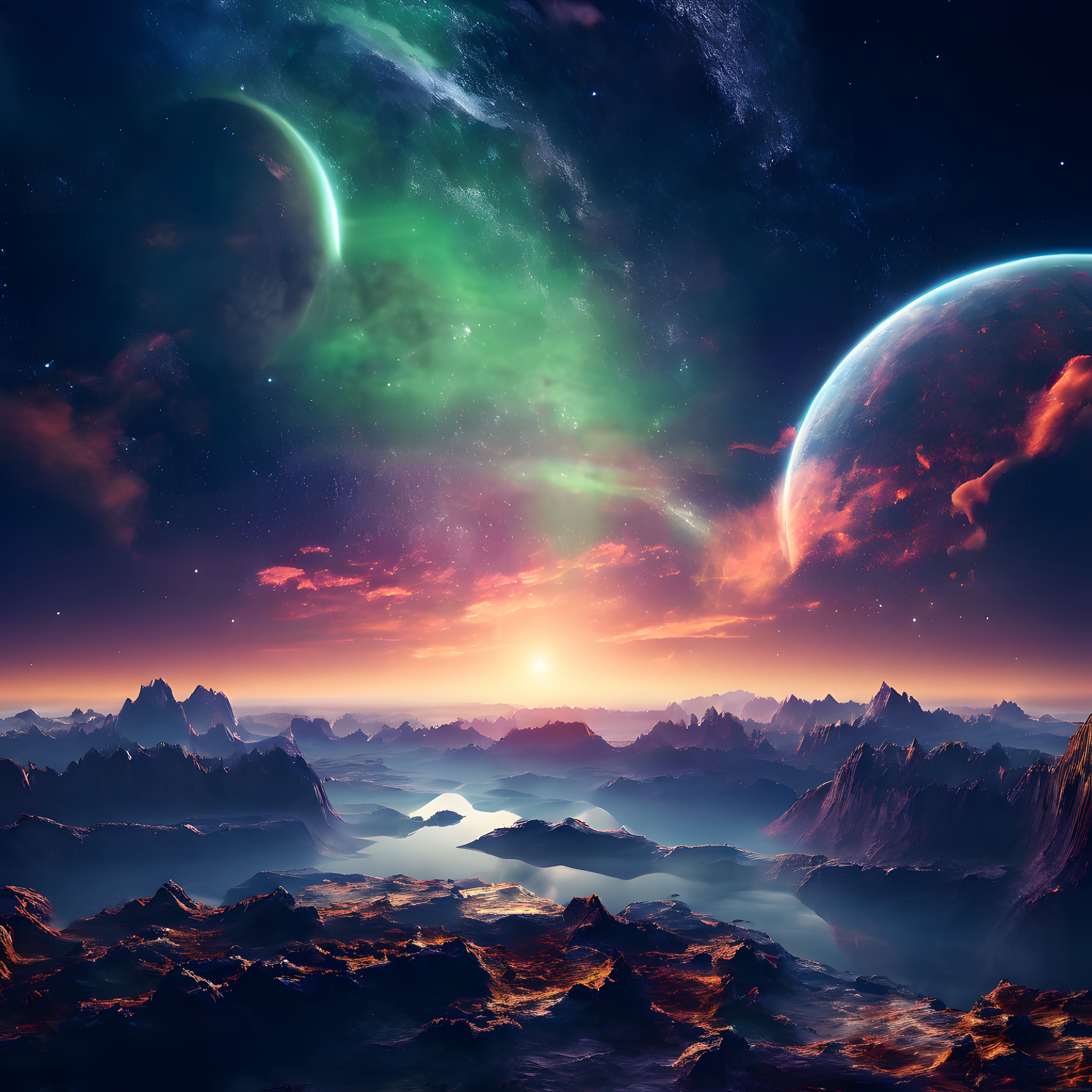 Yabancı Gezegende Nebula Işıklarıyla Büyüleyici Gün Batımı ve Uzay Manzarası