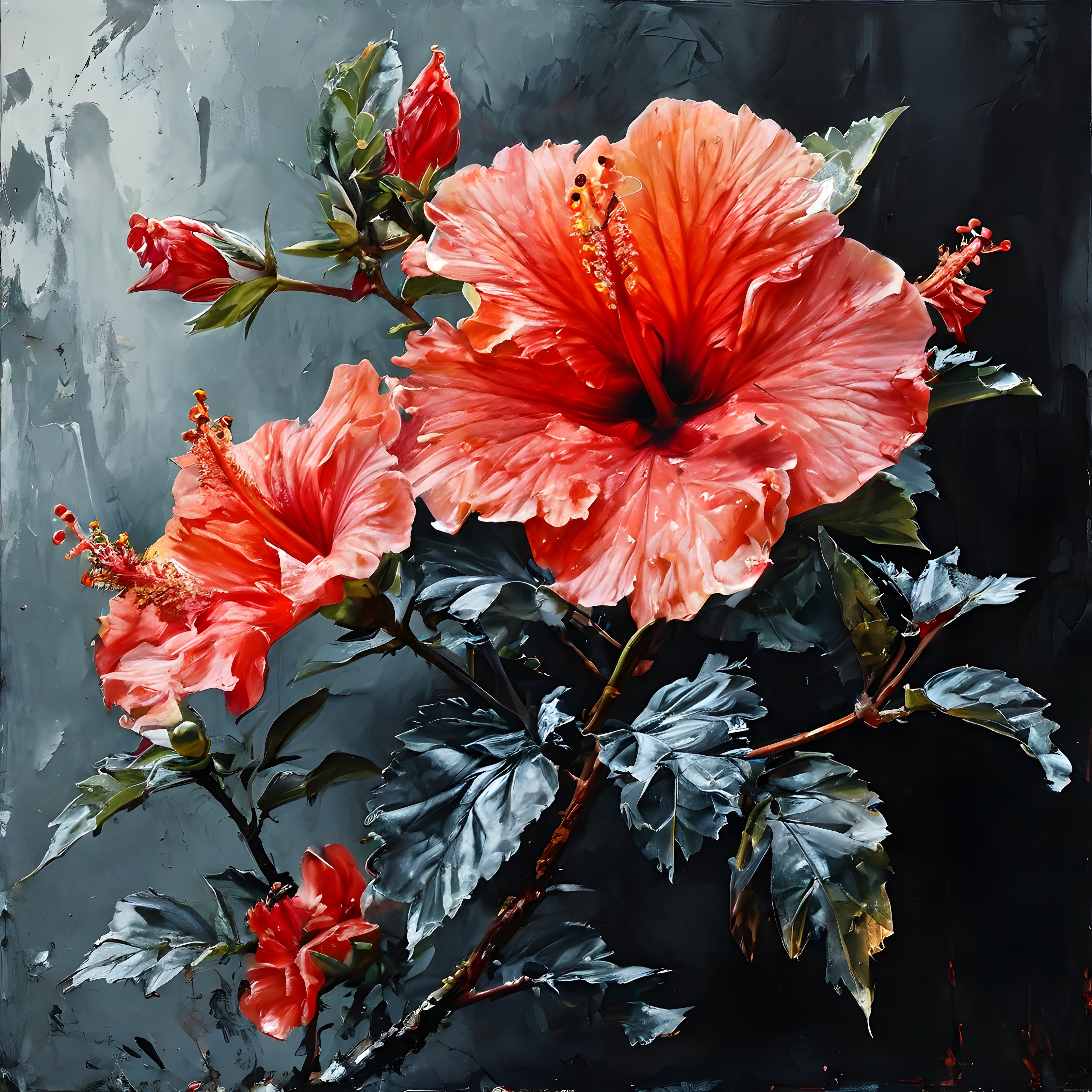 Yağlı Boya Dokulu Koyu Fon Üzerinde Canlı Turuncu Hibiscus Çiçekleri