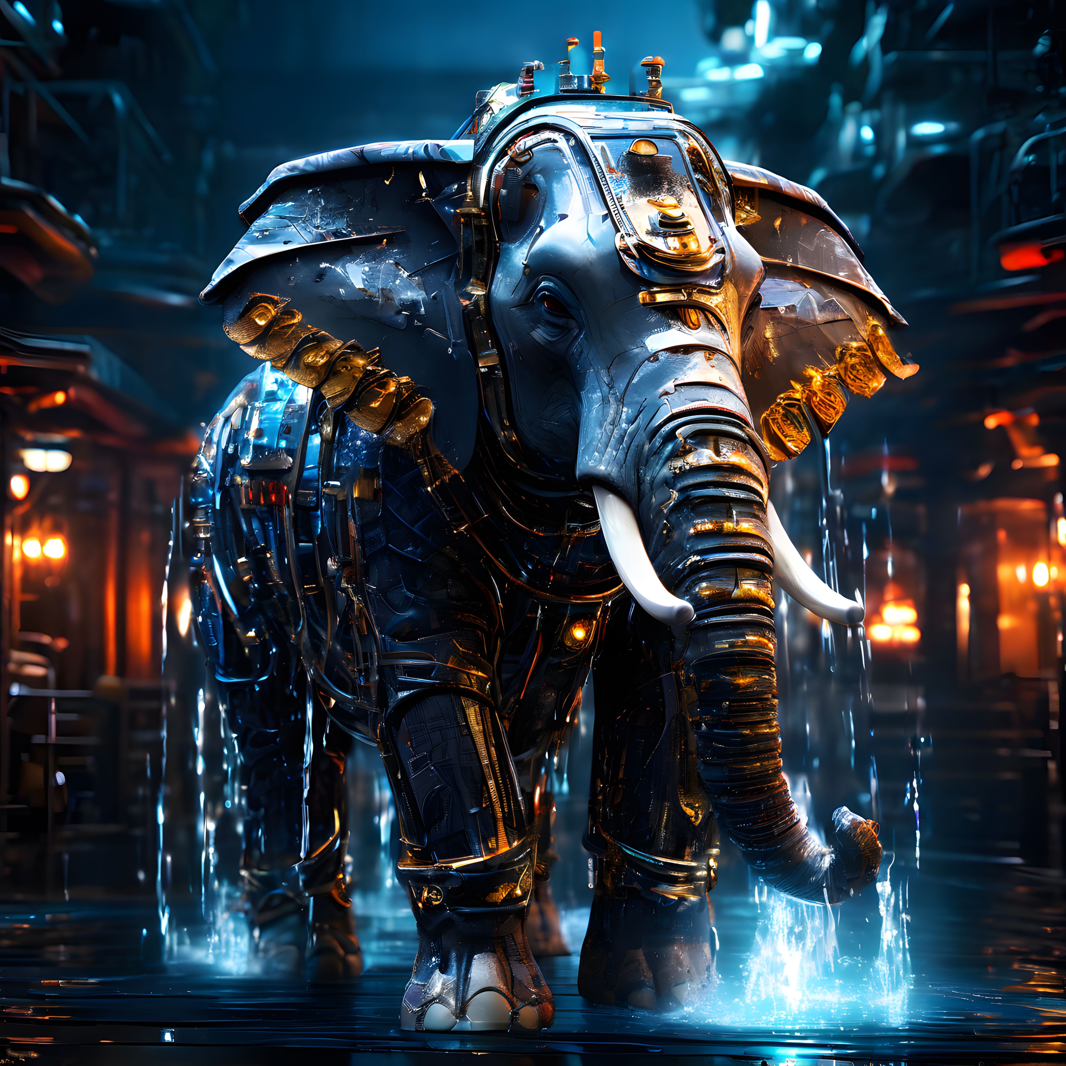 Yağmur Altında Parlayan Devasa Mekanik Fil: Cyberpunk Robotik Sanatı