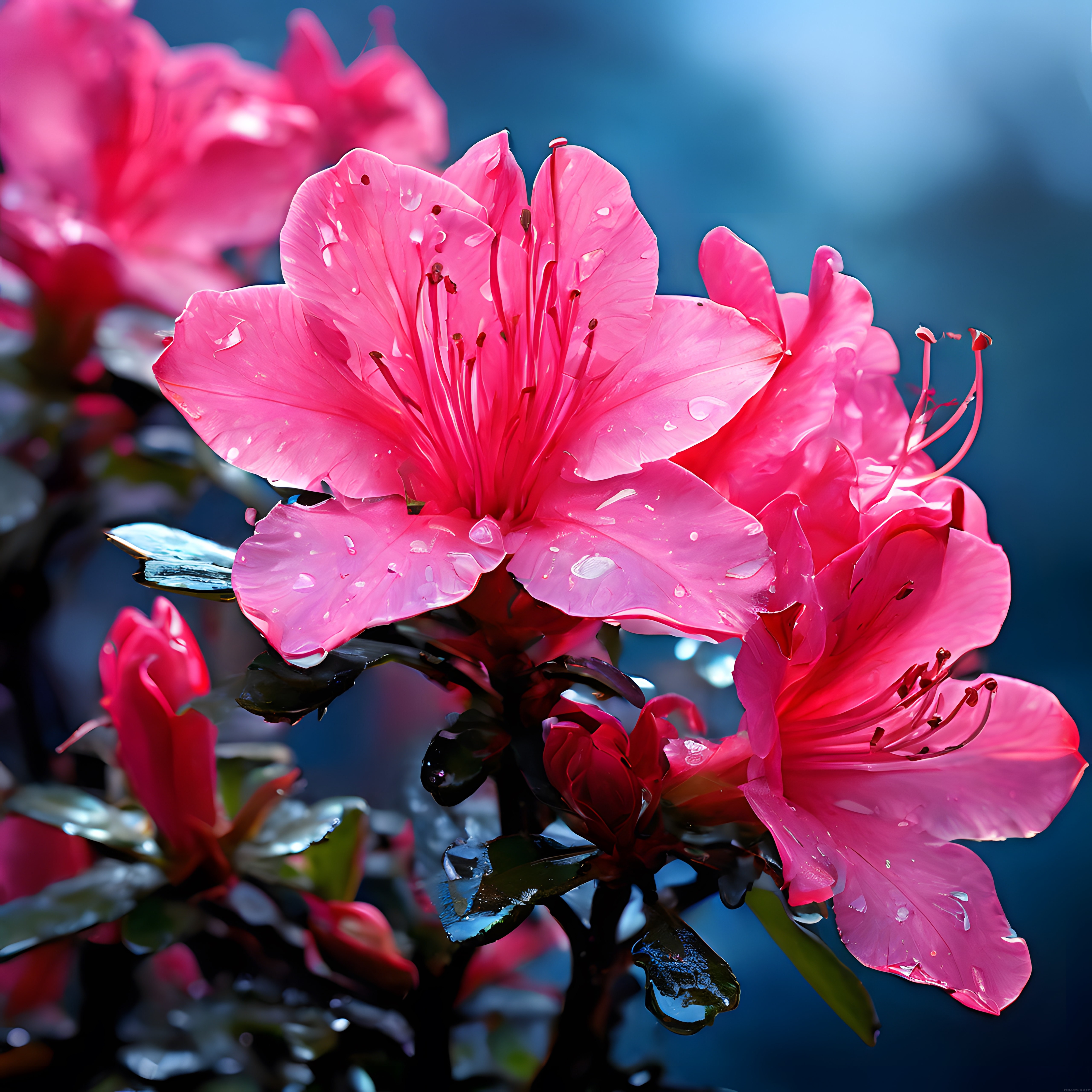 Yağmur Damlacıklarıyla Parıldayan Canlı Pembe Açelya Makro Fotoğrafı
