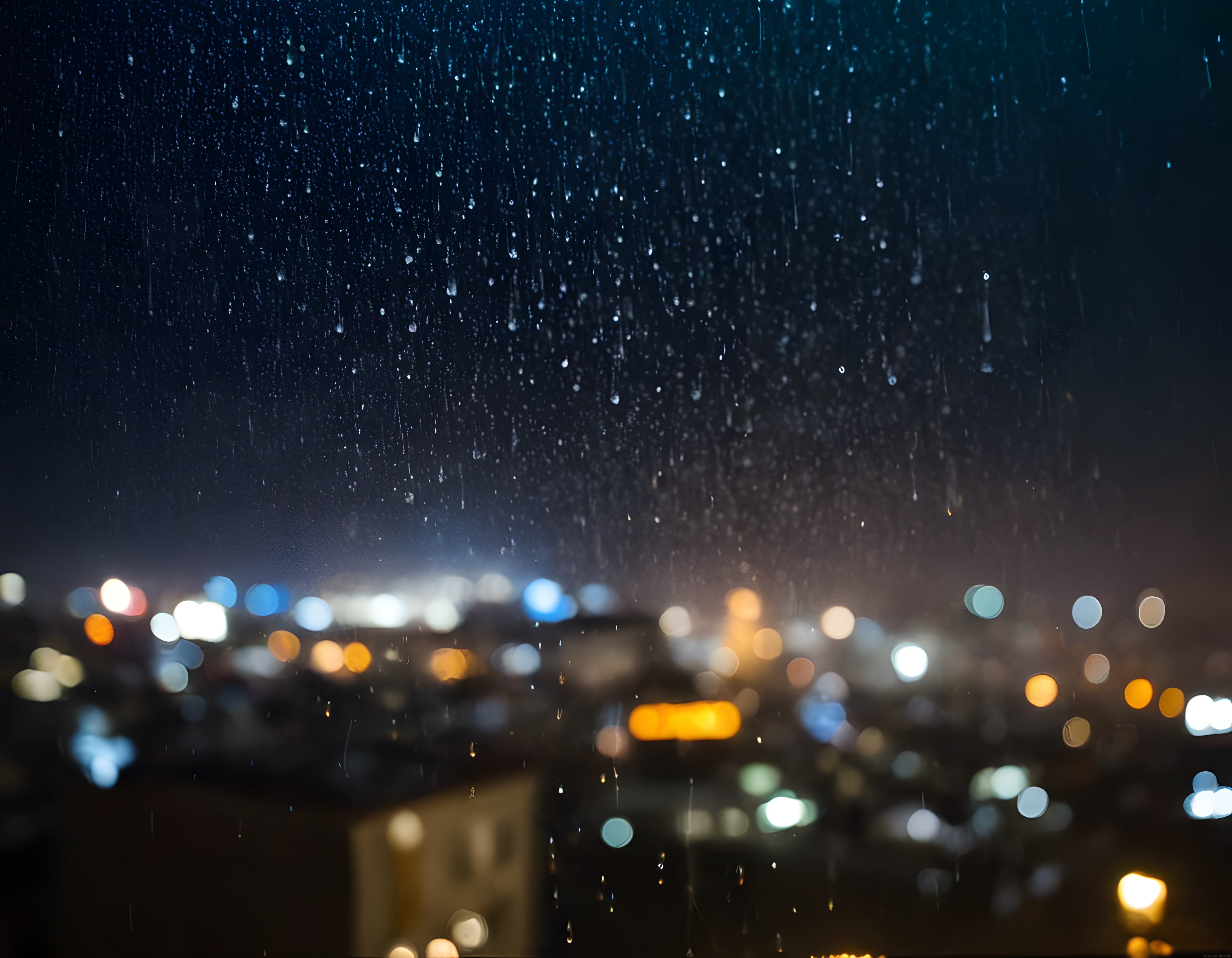 Yağmur Damlaları Arkasından Süzülen Şehir Işıkları ve Gece Bokeh Efekti