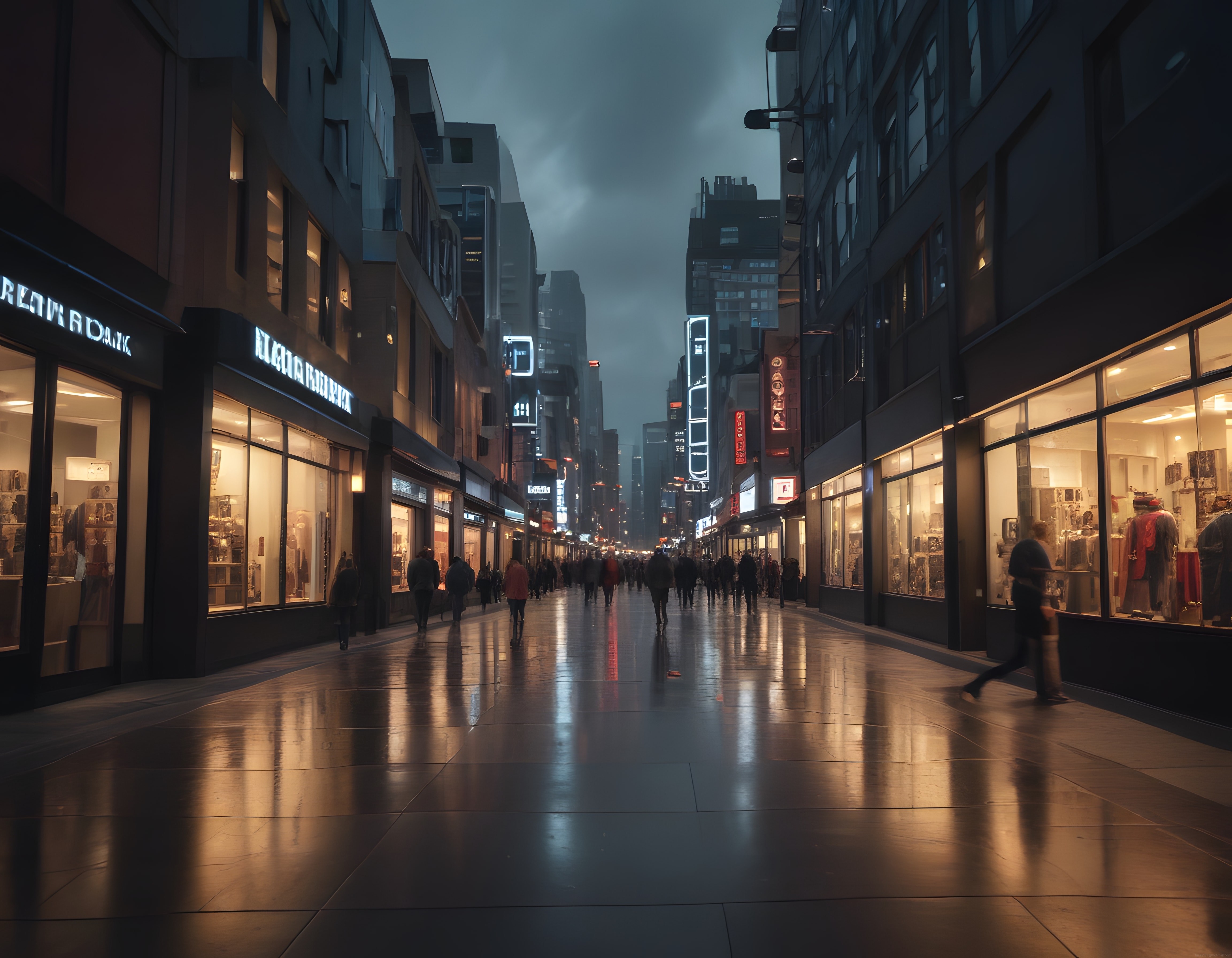 Yağmur Sonrası Alışveriş Caddesinde Neon Işıklar ve Islak Zeminde Yansımalar