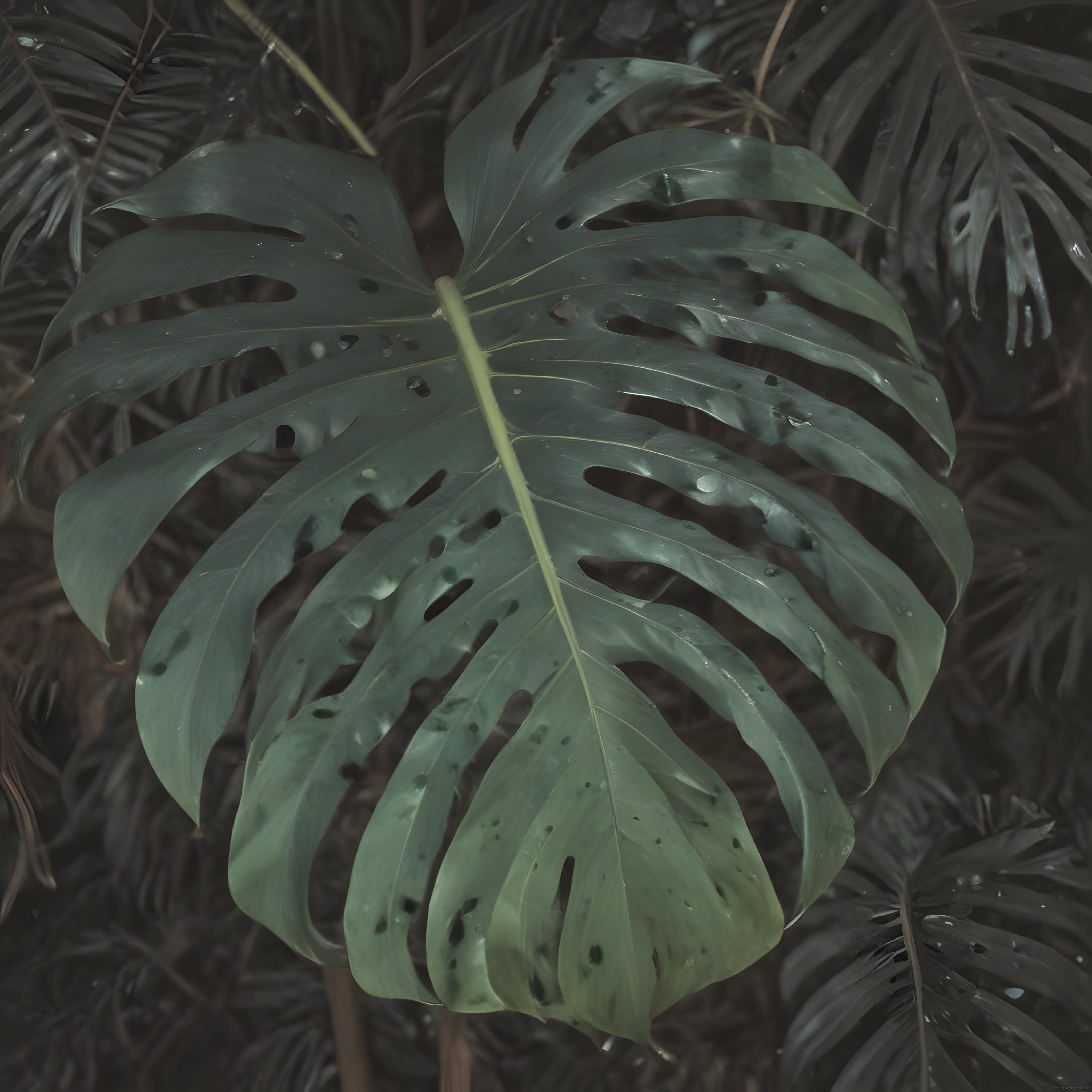 Yağmur Sonrası Büyük Monstera Yaprağı ve Ormanda Nemli Tropikal Atmosfer