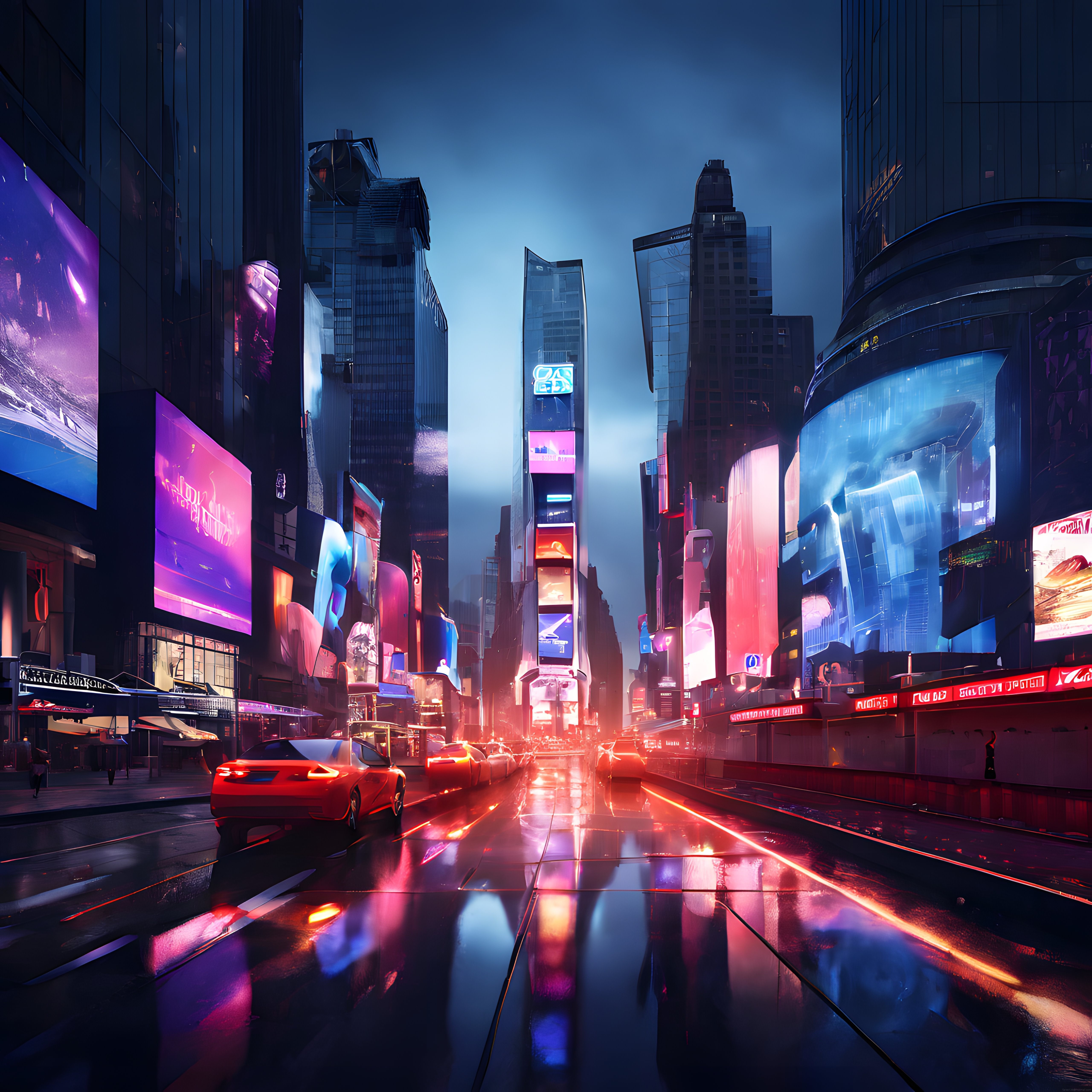 Yağmur Sonrası Gece Şehrinde Cyberpunk Atmosfer ve Neon Gökdelen Manzarası