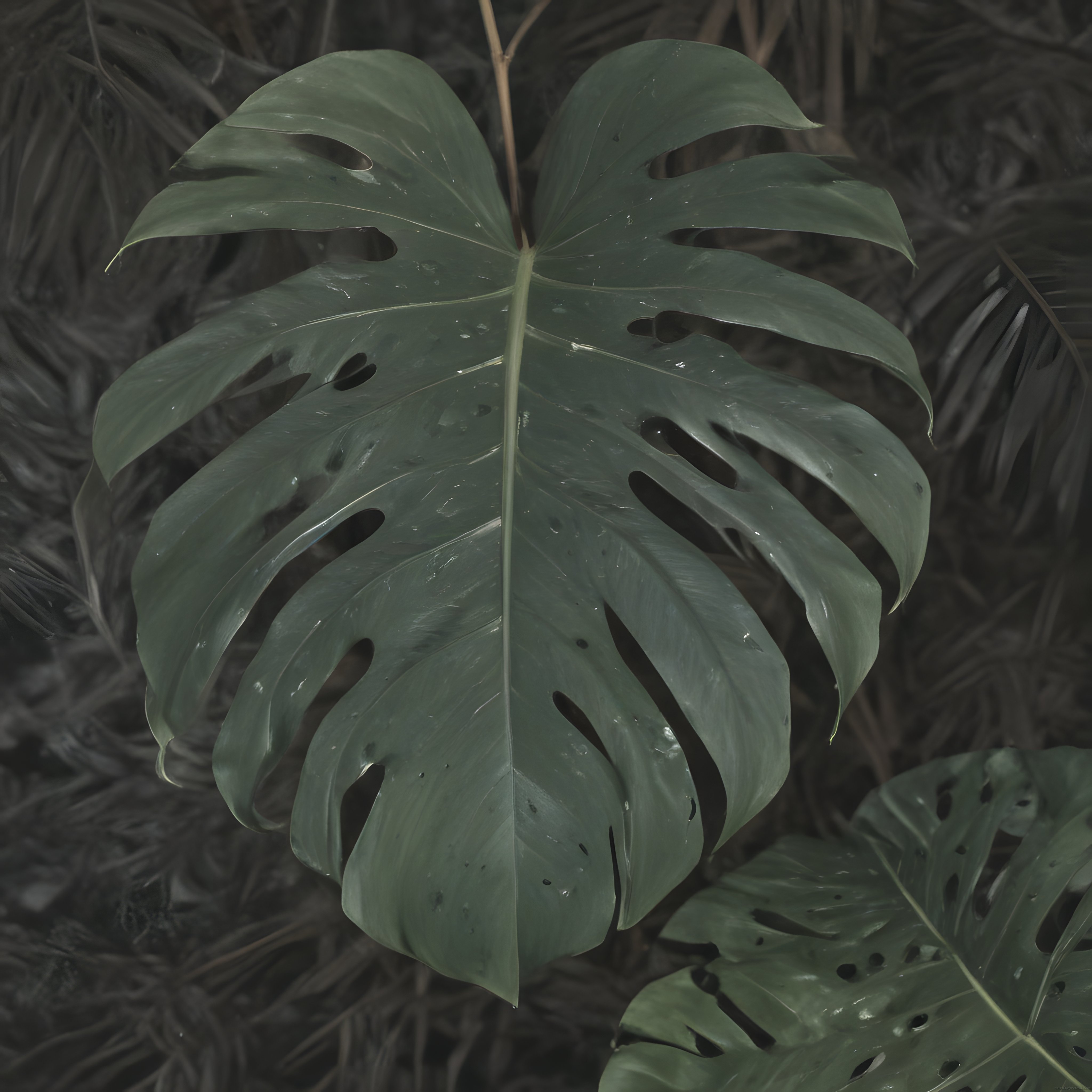 Yağmur Sonrası Ormanın Derinliklerinde Işıltılı Monstera Yaprağı