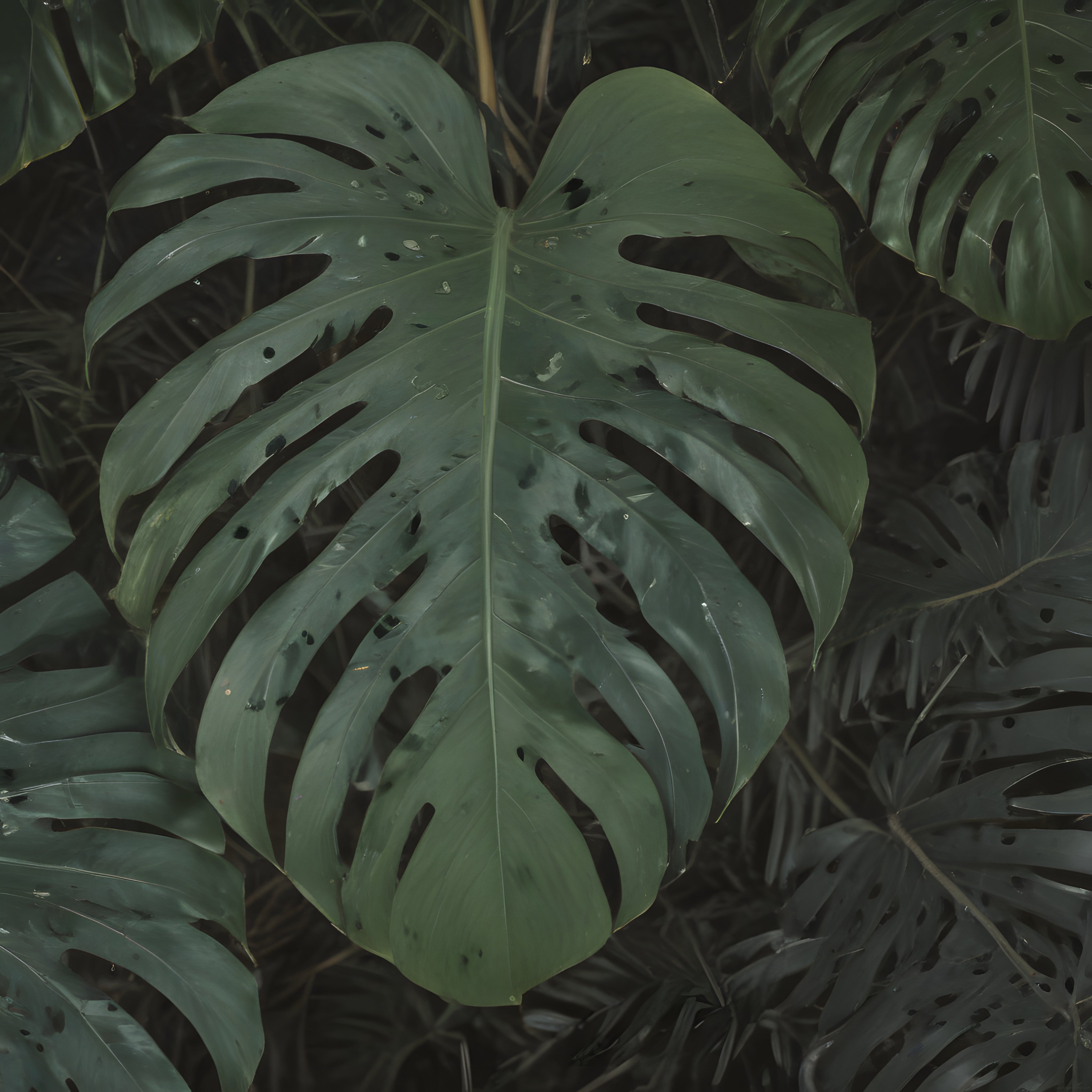 Yağmur Sonrası Tropikal Ormanda Büyük Monstera Yaprağı ve Su Damlaları