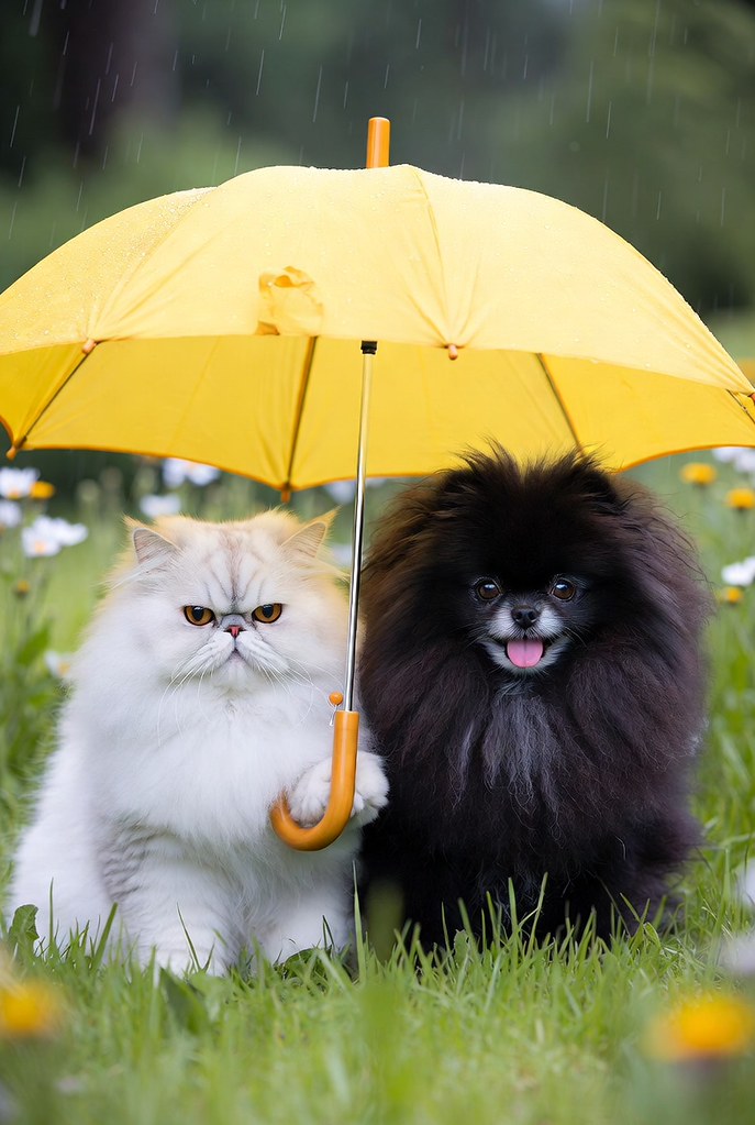 Yağmurda sarı şemsiyenin altında oturan sevimli kedi ve köpek dostları