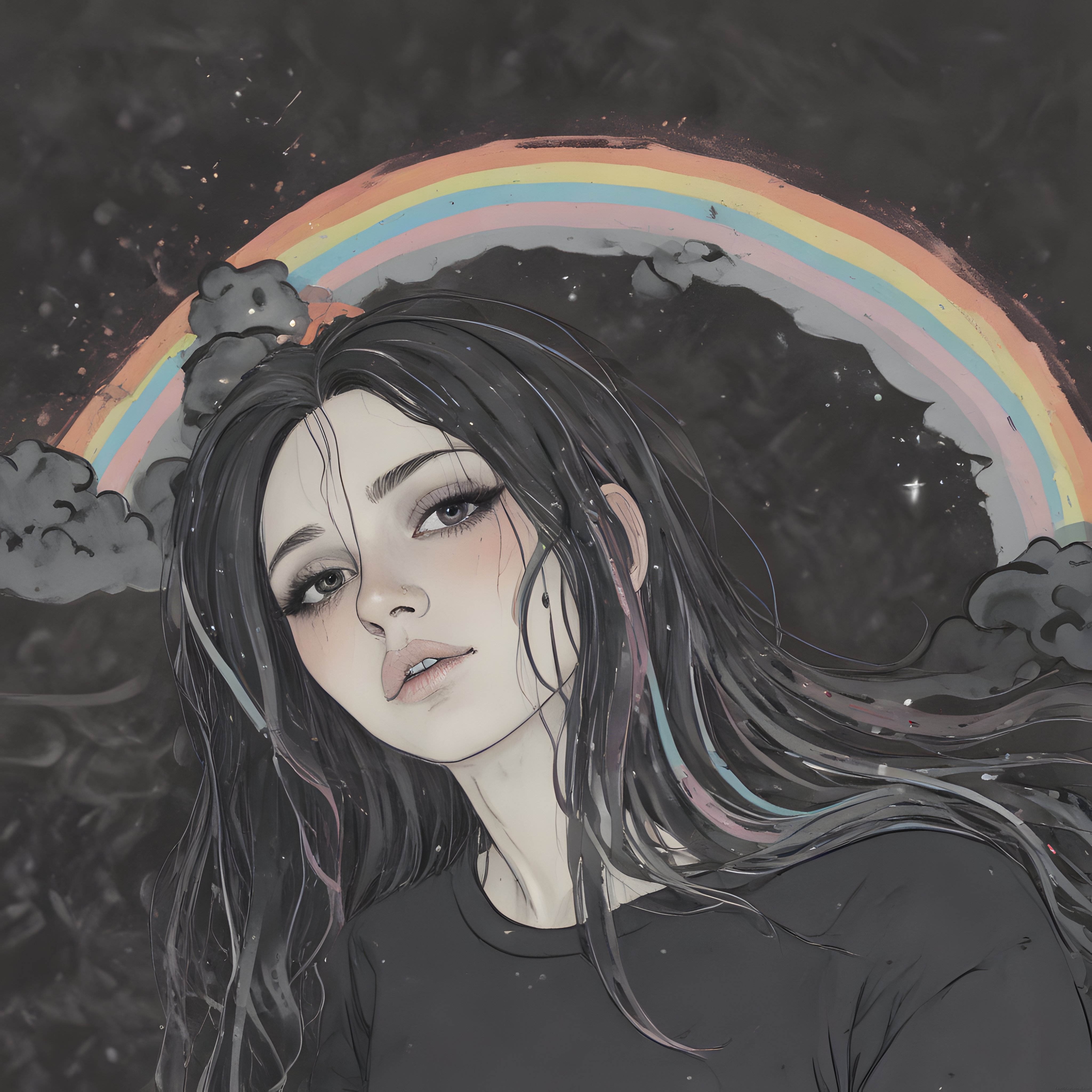 Yağmurdan Sonra Gökkuşağı ve Melankolik Anime Kız Dijital İllüstrasyon