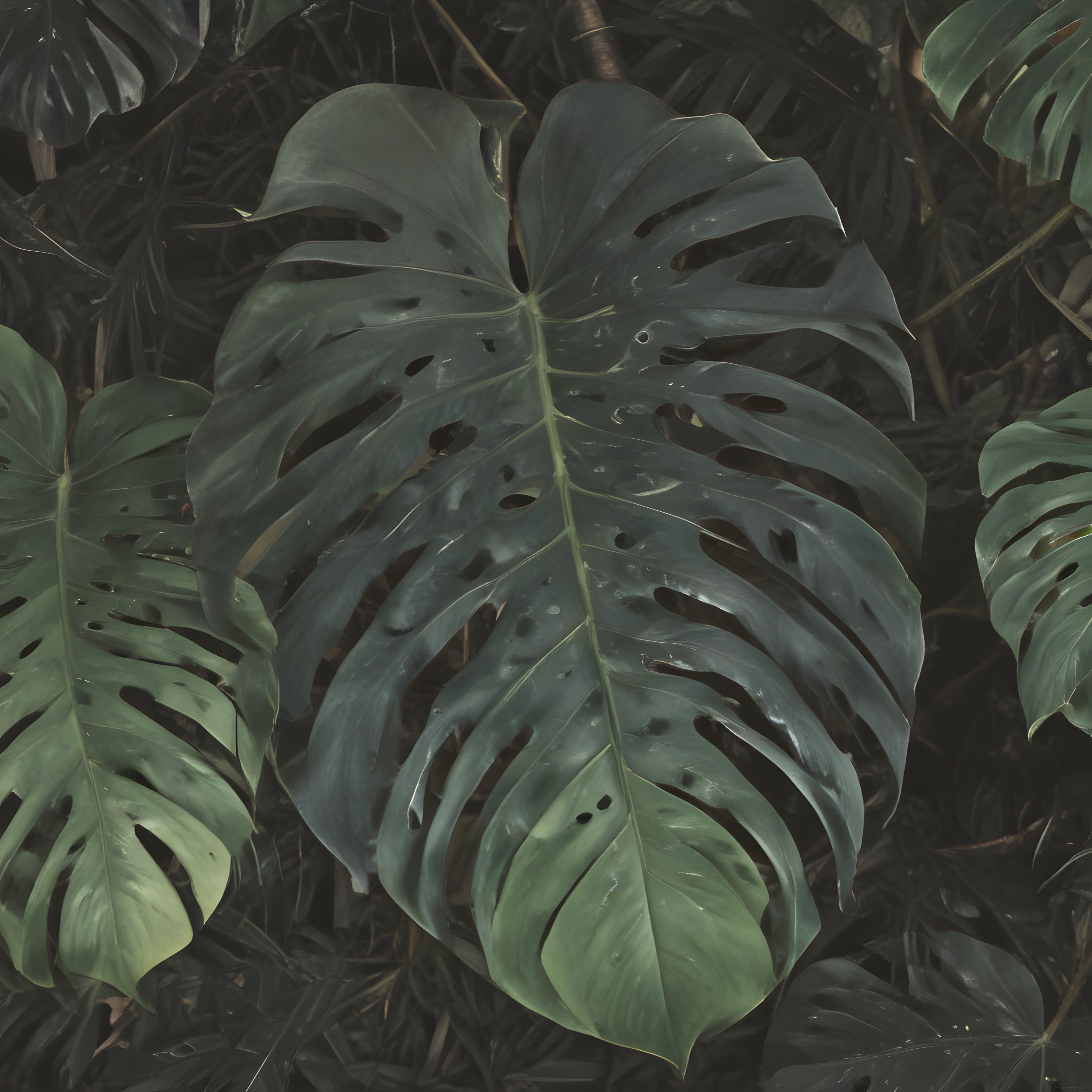 Yağmurdan Sonra Tropikal Ormanın Gizemli Dev Monstera Yaprakları