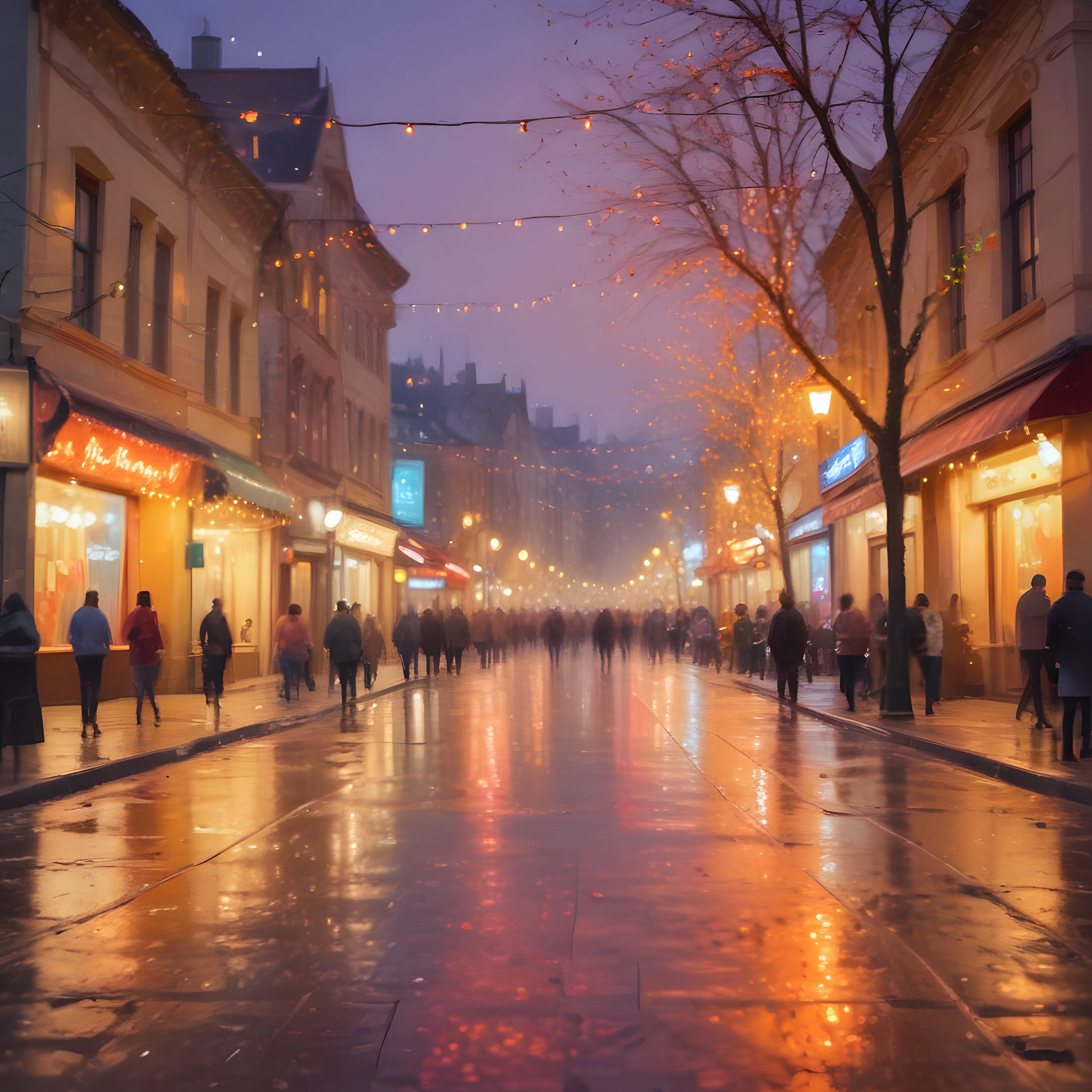 Yağmurlu akşamda ışıklı yaya caddesi ve yansımalarla büyüleyici şehir atmosferi