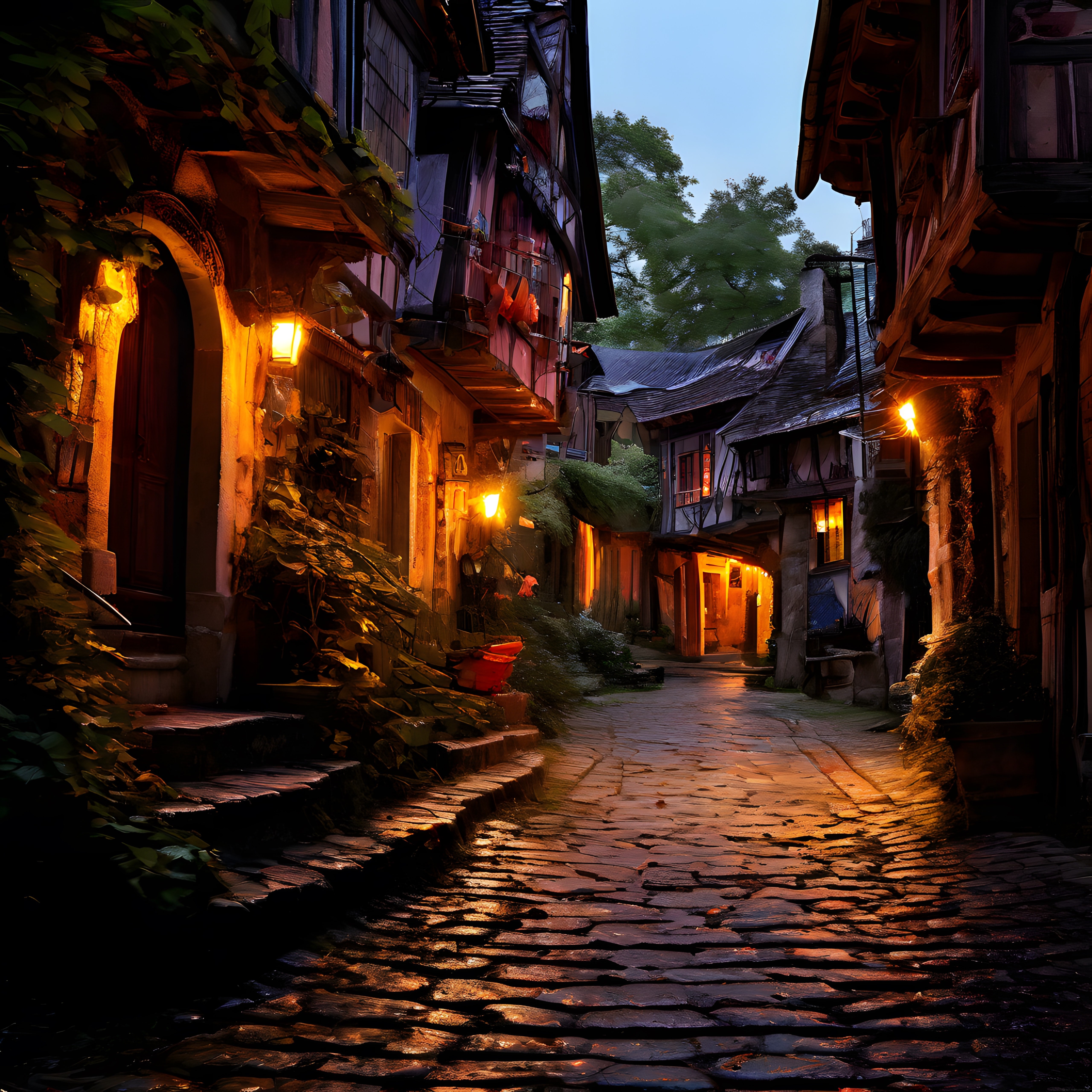 Yağmurlu Akşamda Islak Taşlı Tarihi Avrupa Sokağı ve Sıcak Sokak Lambaları