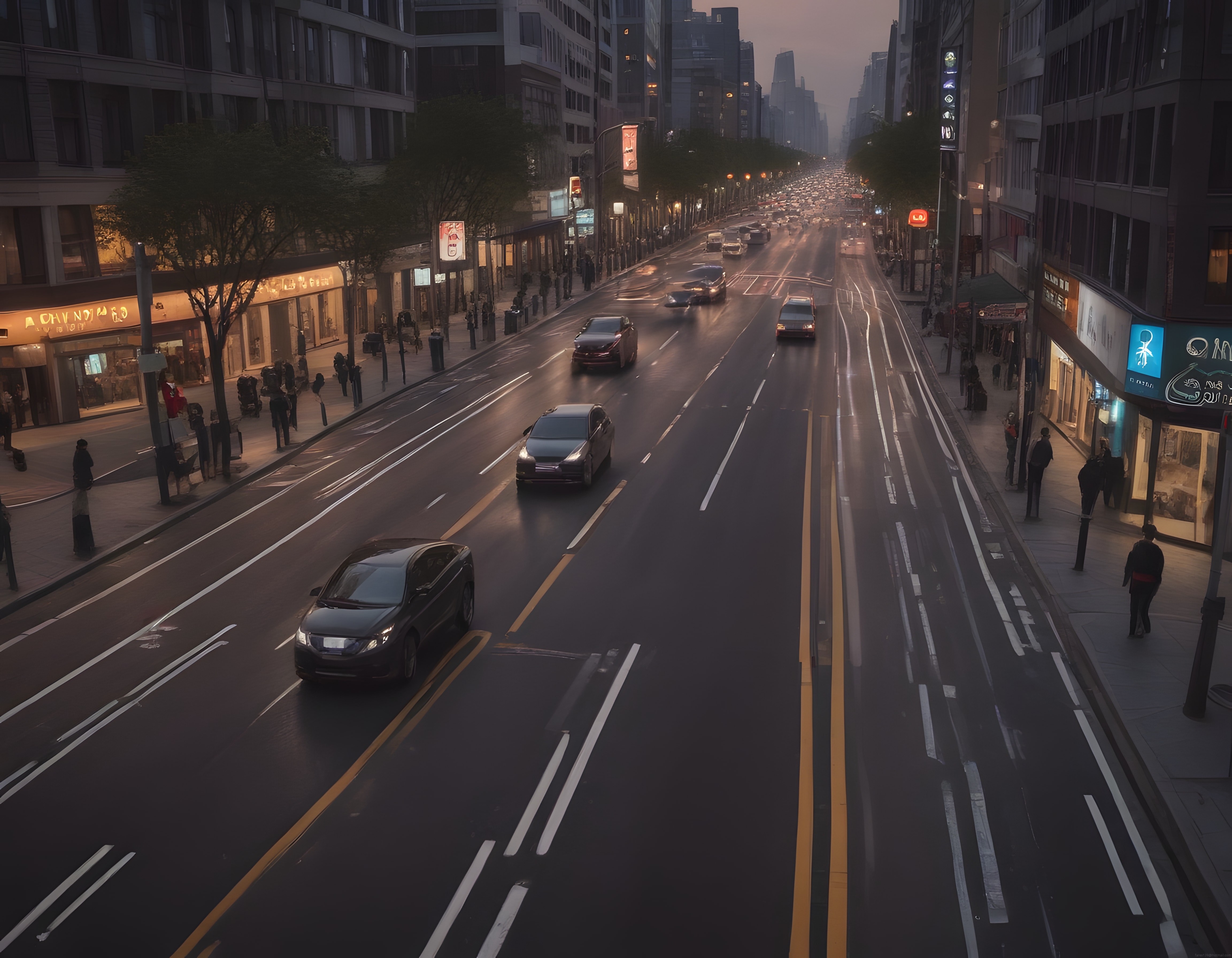 yağmurlu akşamüstünde sisli büyük şehir caddesi ve geçen arabaların dijital sanatı