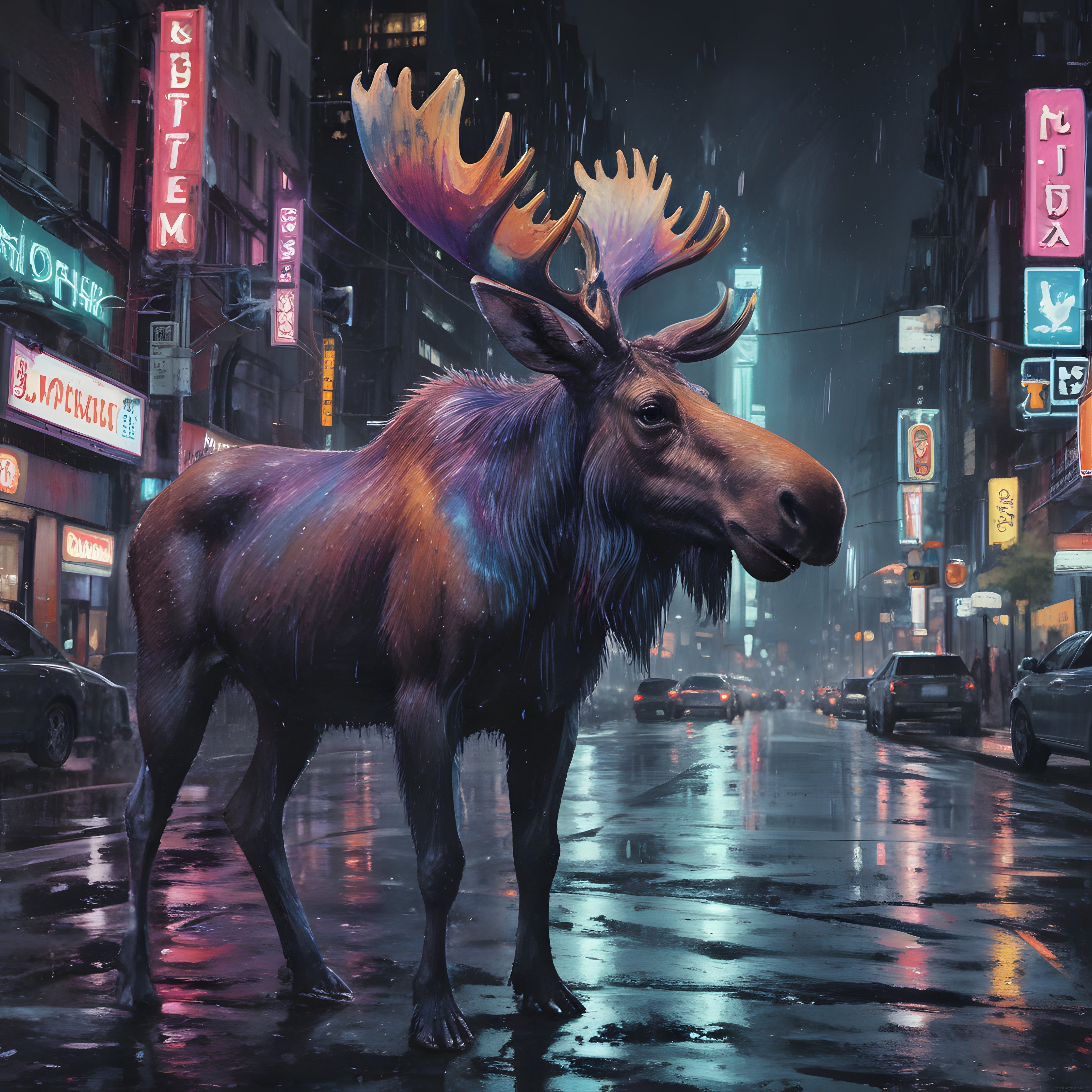 Yağmurlu Bir Gece Şehrin Ortasında Dev Geyik ve Neon Işıklar