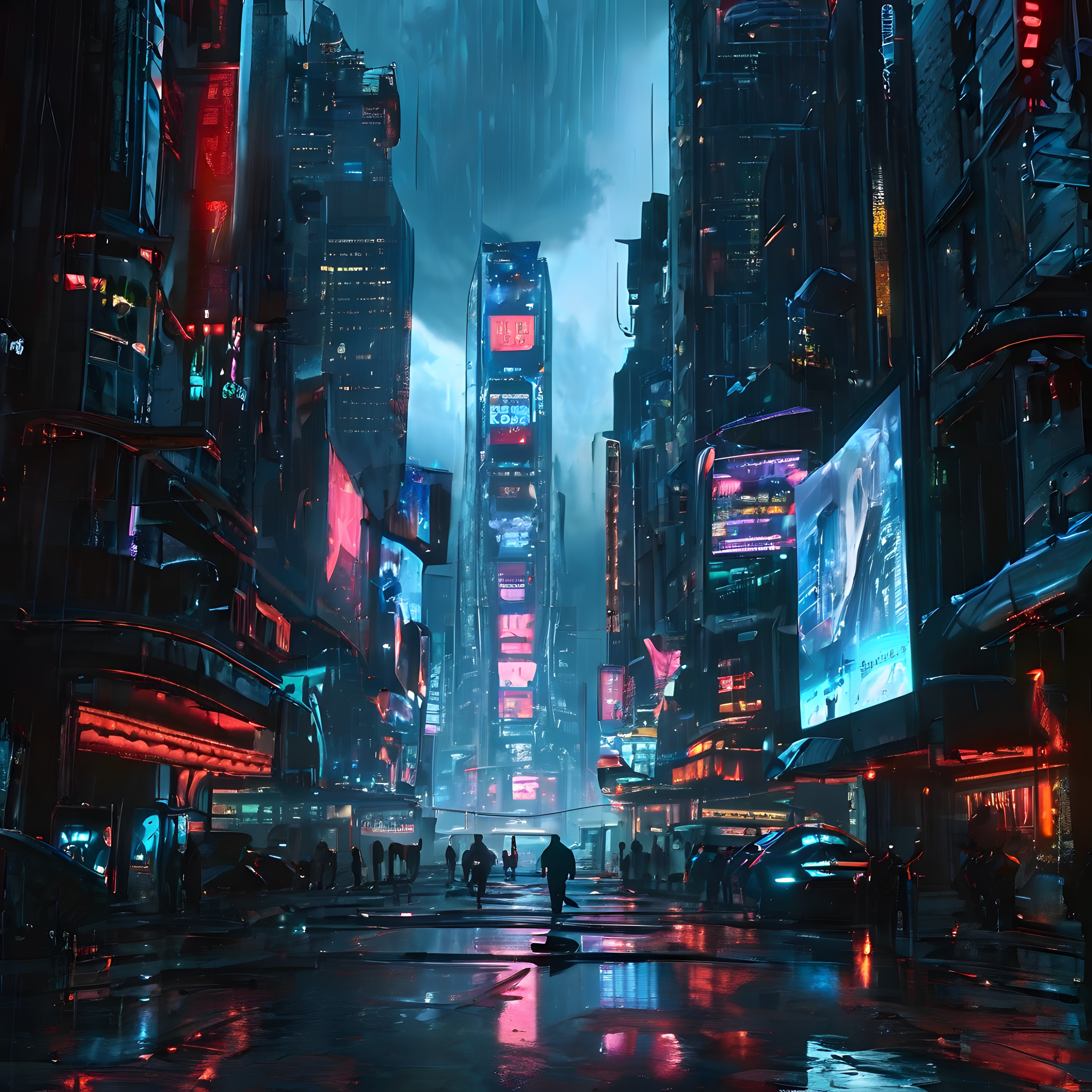 Yağmurlu bir gecede neon ışıklı cyberpunk metropol ve yalnız yürüyüş
