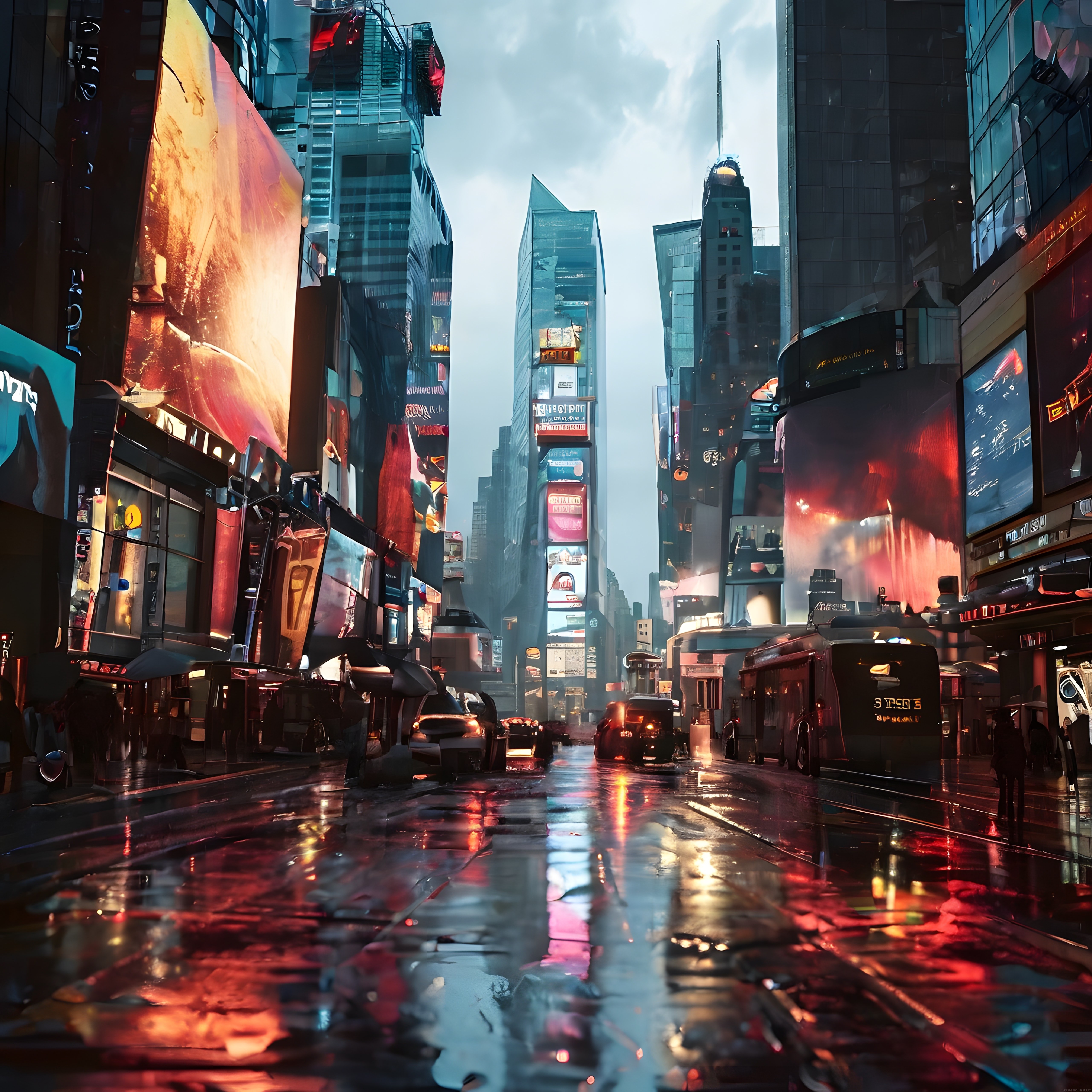 Yağmurlu bir gelecek şehrinde neon ışıklarla aydınlanan cyberpunk caddesi