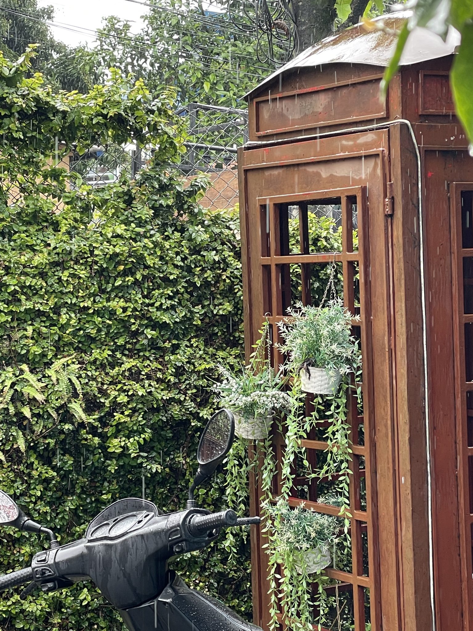 Yağmurlu bir sokak köşesinde yeşillere bürünmüş vintage telefon kulübesi ve motor