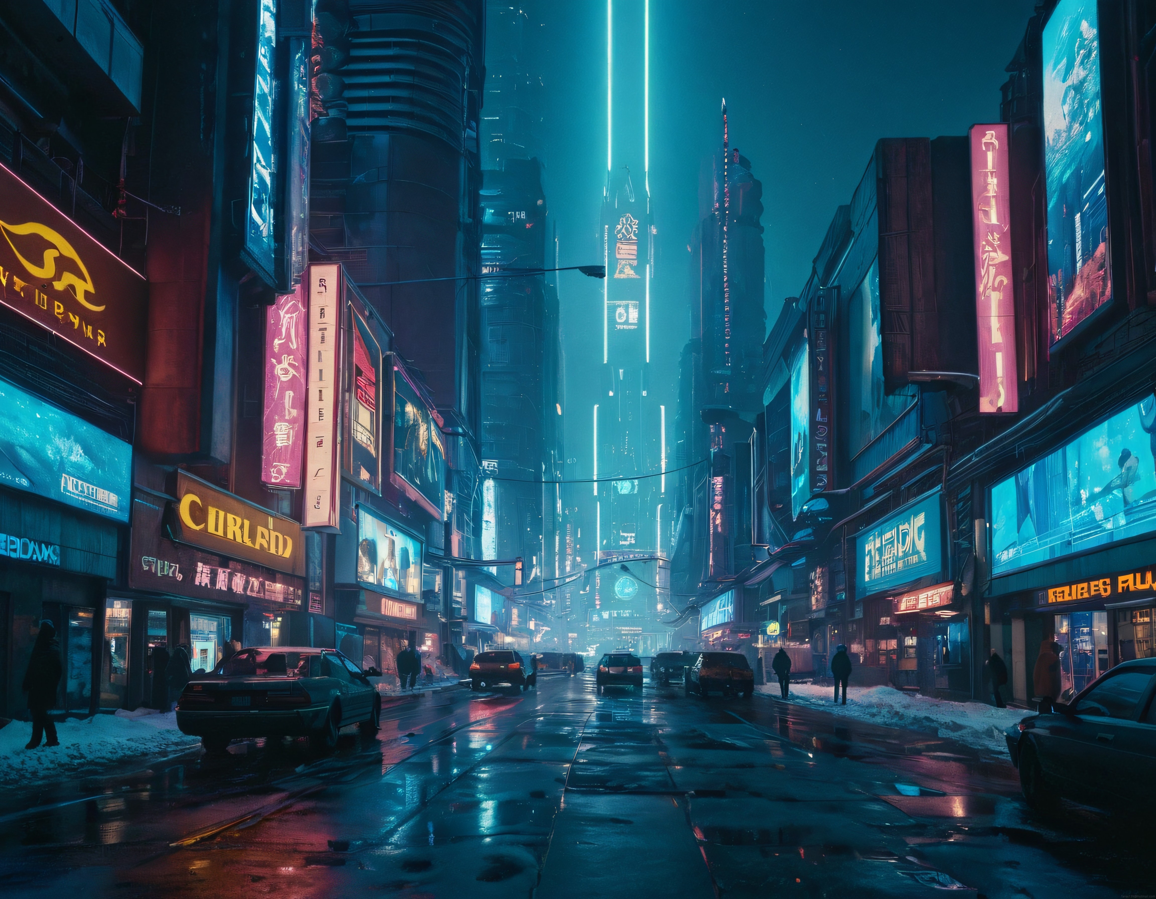 Yağmurlu Cyberpunk Gece: Neon Işıklarla Aydınlanan Fütüristik Metropol Sokağı