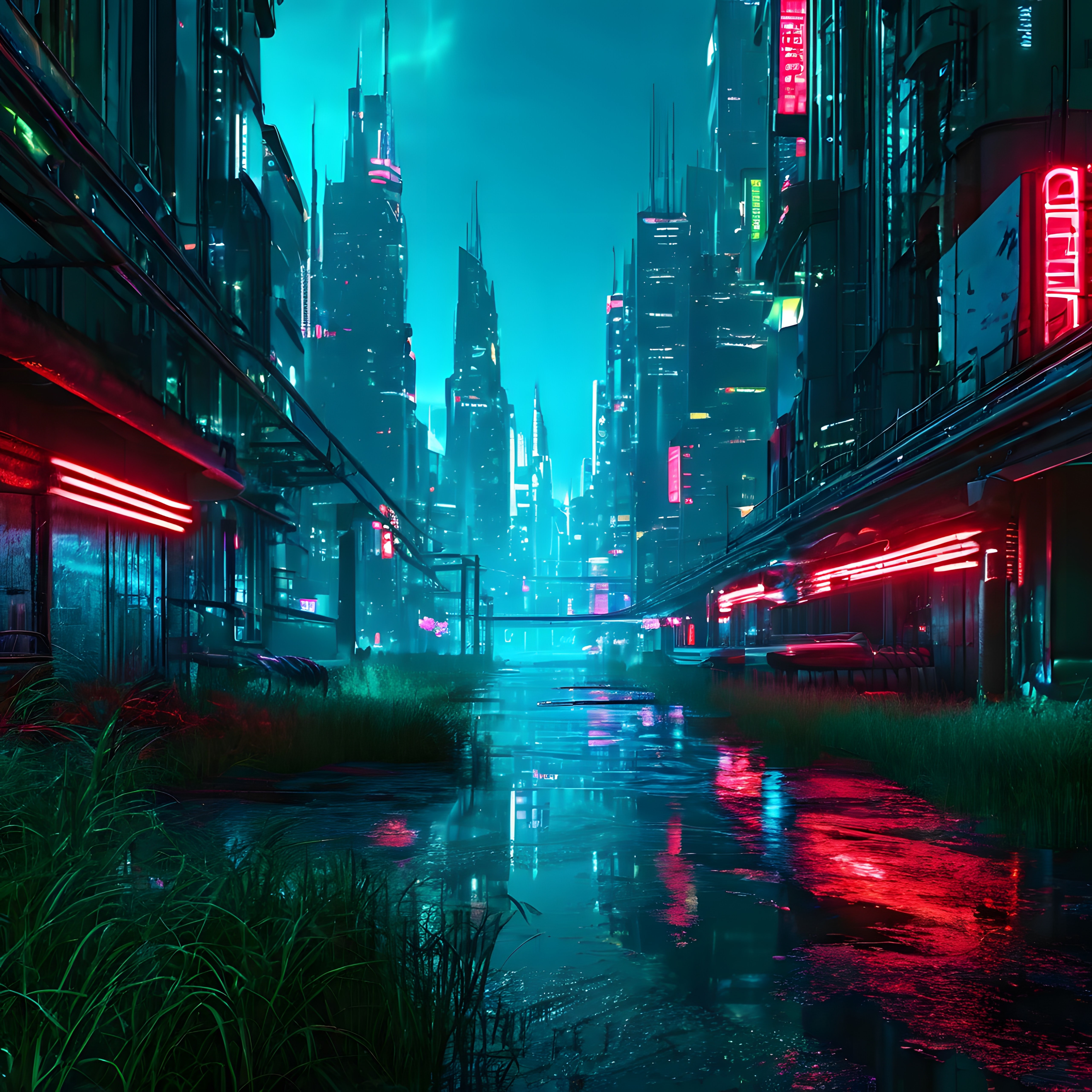 Yağmurlu Cyberpunk Metropolde Neon Işıkların Büyüleyici Yansıması