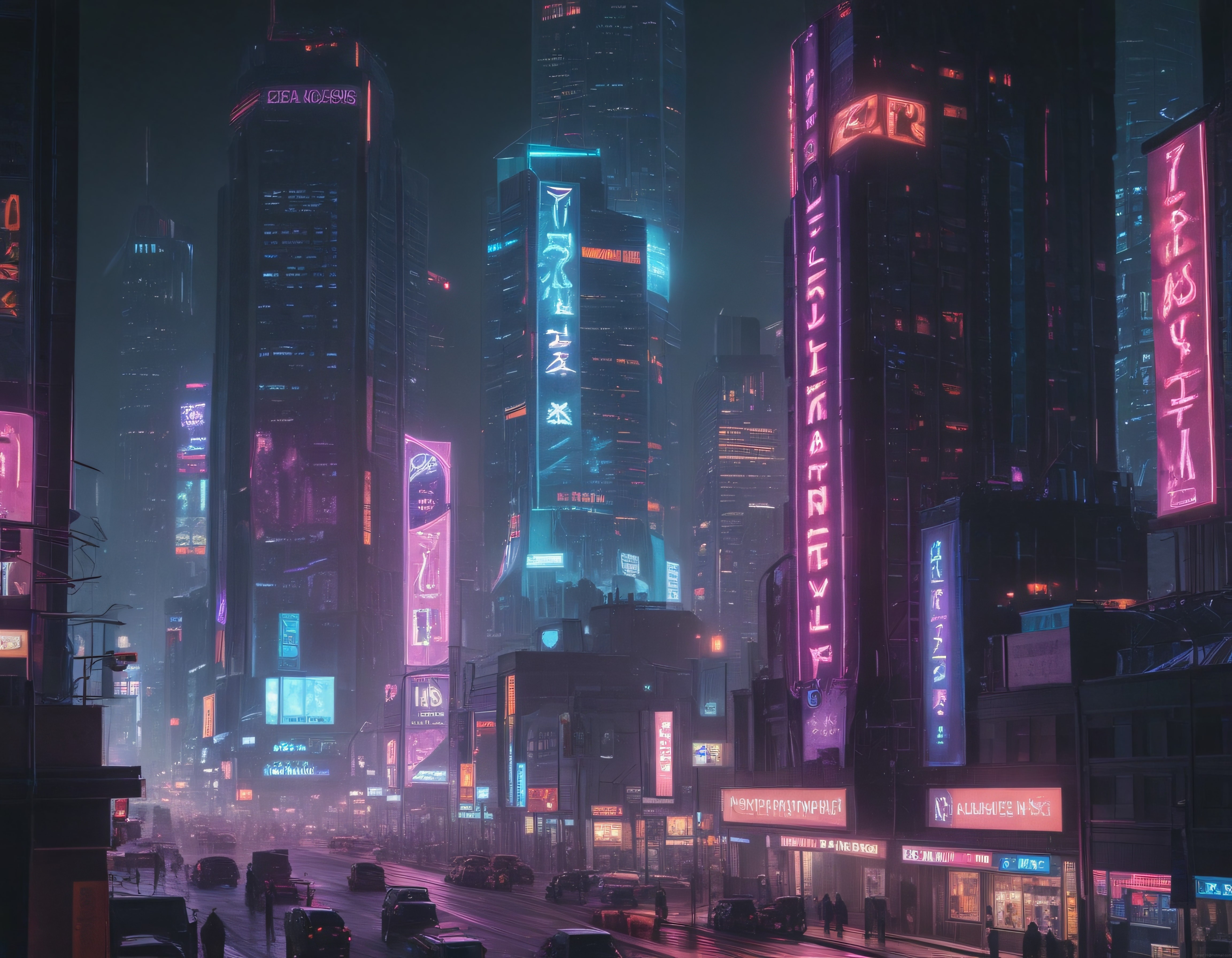 Yağmurlu Cyberpunk Metropolde Neon Işıklarla Süslenmiş Gelecek Şehir Manzarası