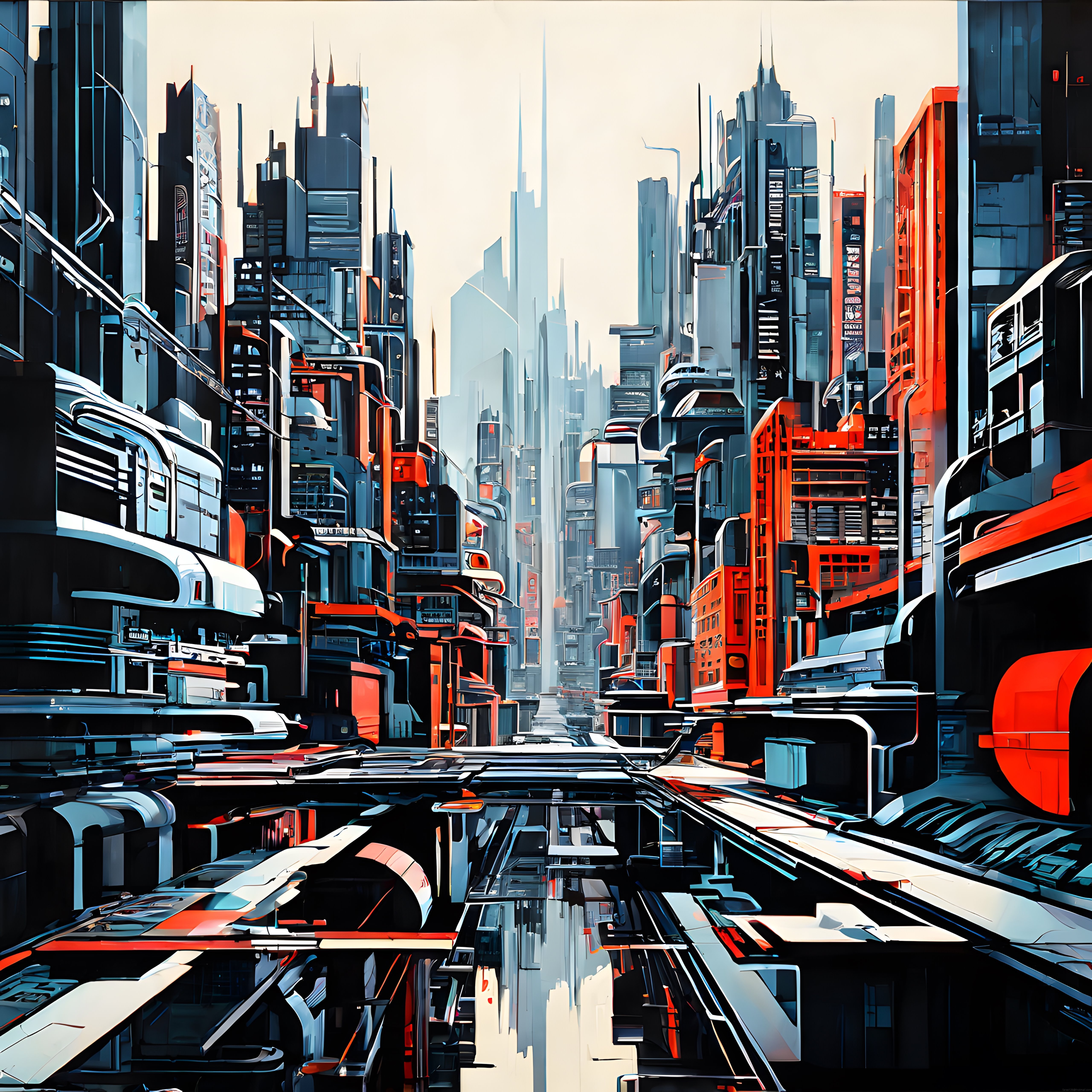 yağmurlu cyberpunk şehir manzarası, neon ışıklı gelecek konsept illüstrasyon