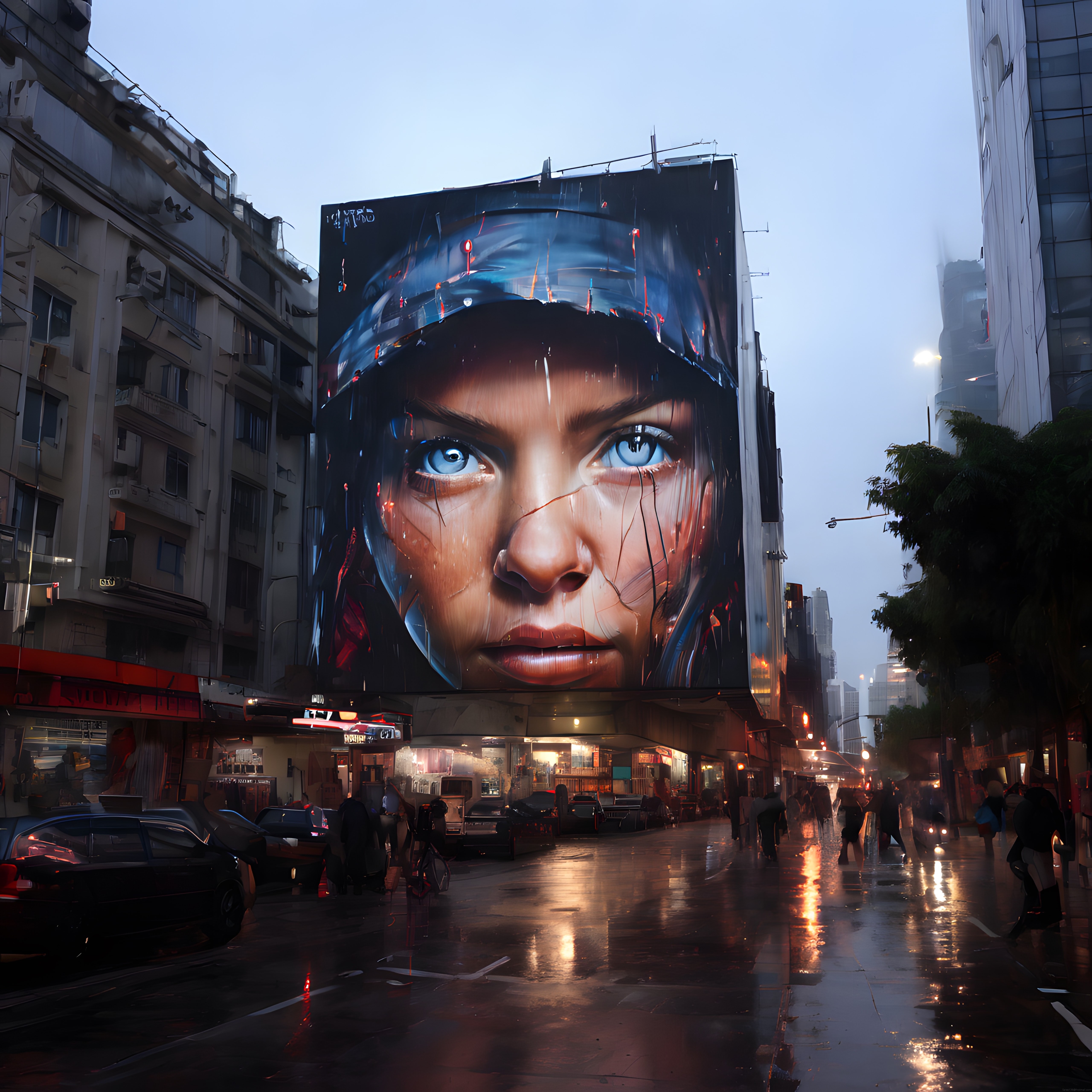 Yağmurlu Cyberpunk Şehirde Dev Dijital Billboard ve Mavi Gözlü Kadın Portresi