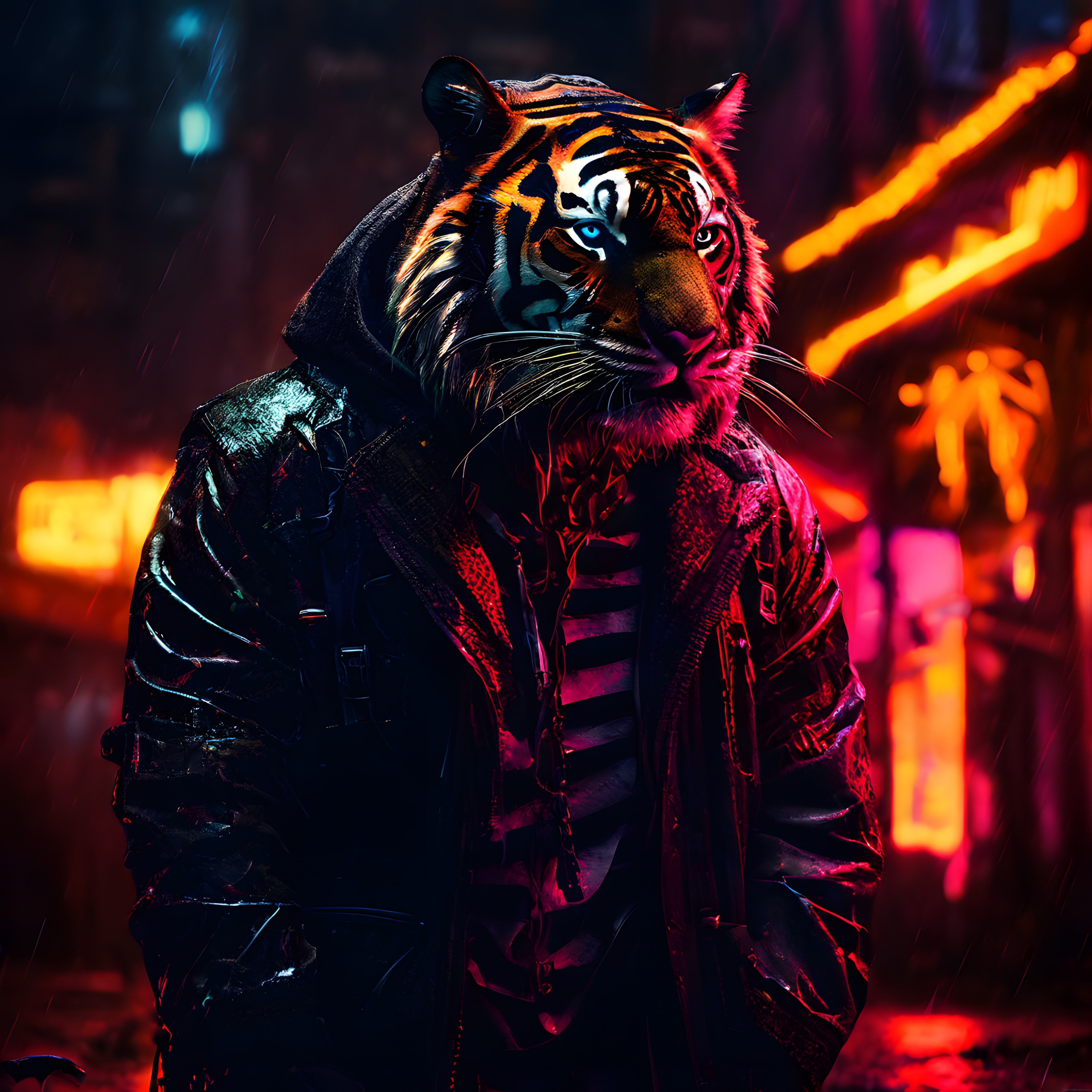 Yağmurlu Cyberpunk Şehirde Kapüşonlu Deri Ceketli Neon Kaplan